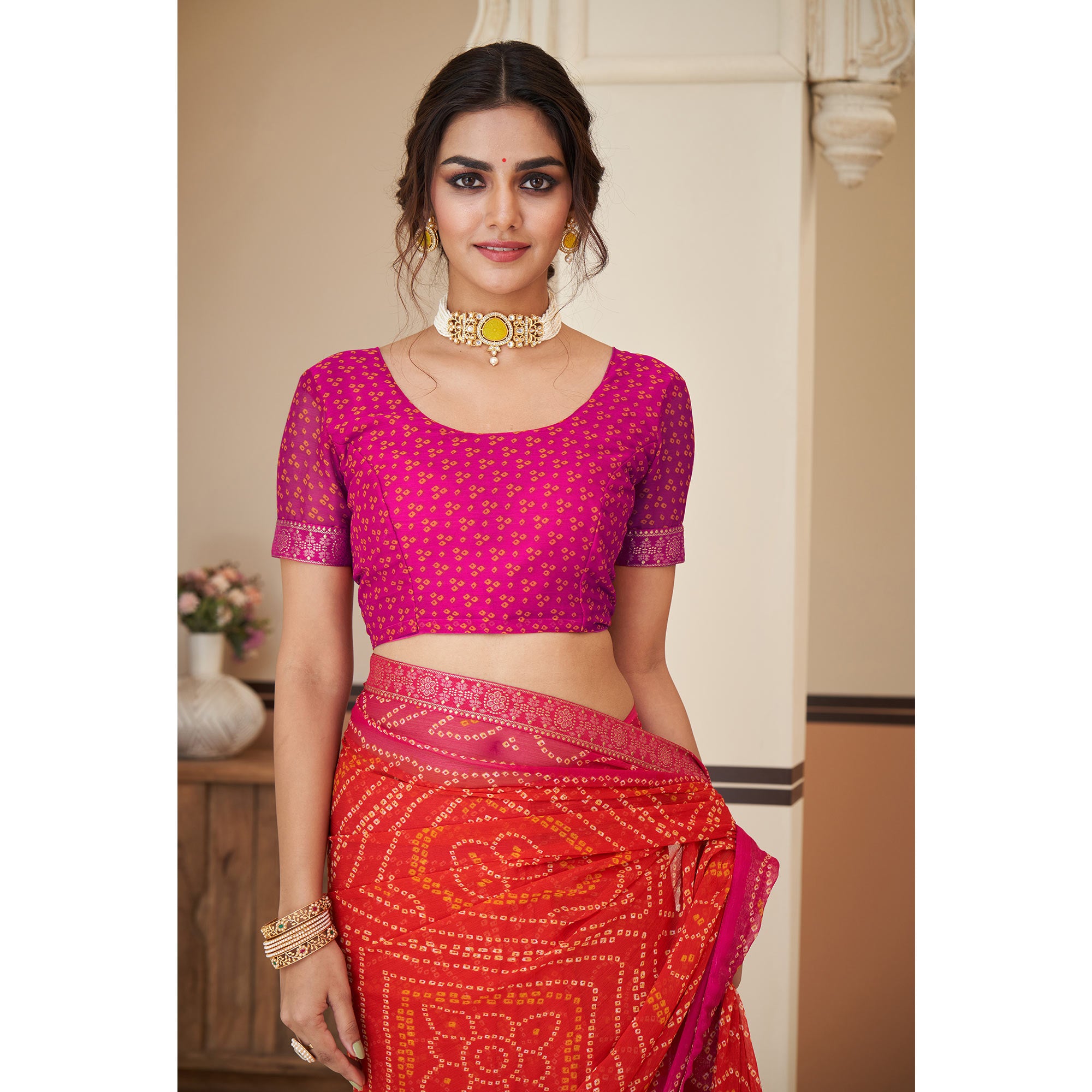 Red & Magenta Bandhani Printed Chiffon Saree With Lace Border