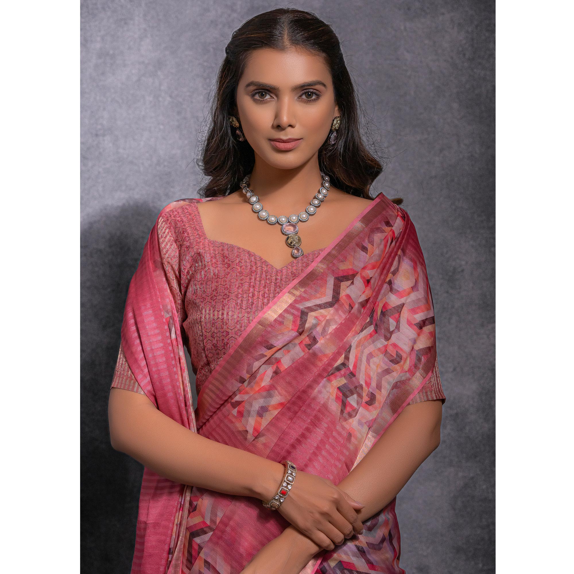 Pink Digital Printed Linen Saree With Woven Border