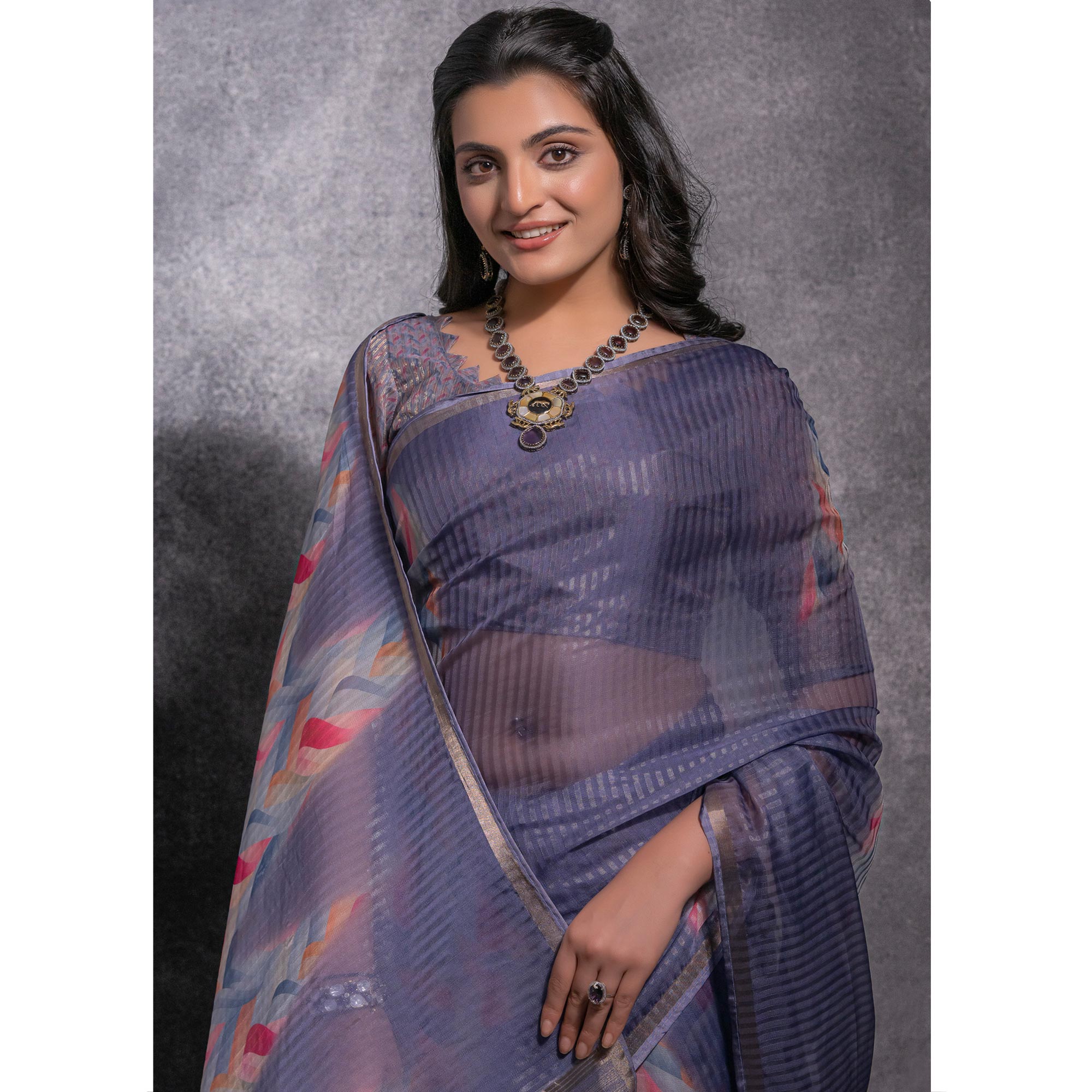 Purple Digital Printed Linen Saree With Woven Border