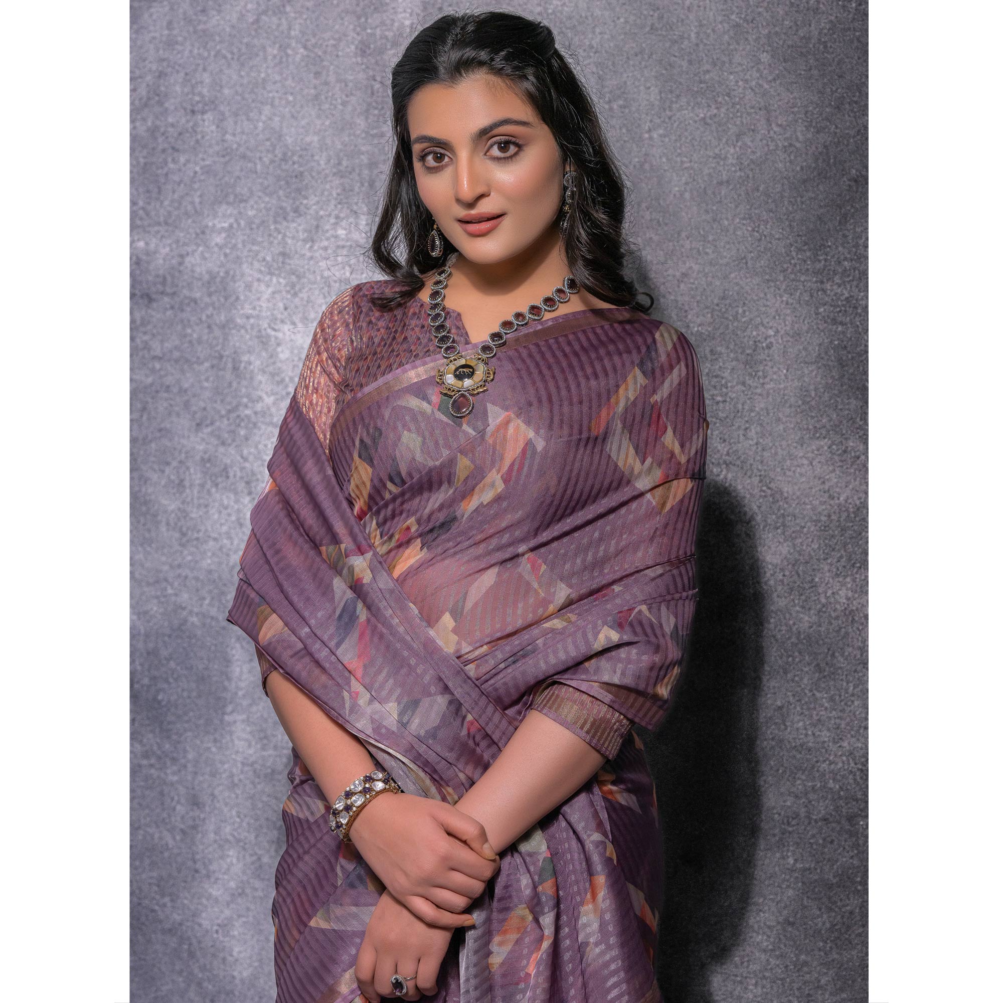 Purple Digital Printed Linen Saree With Woven Border