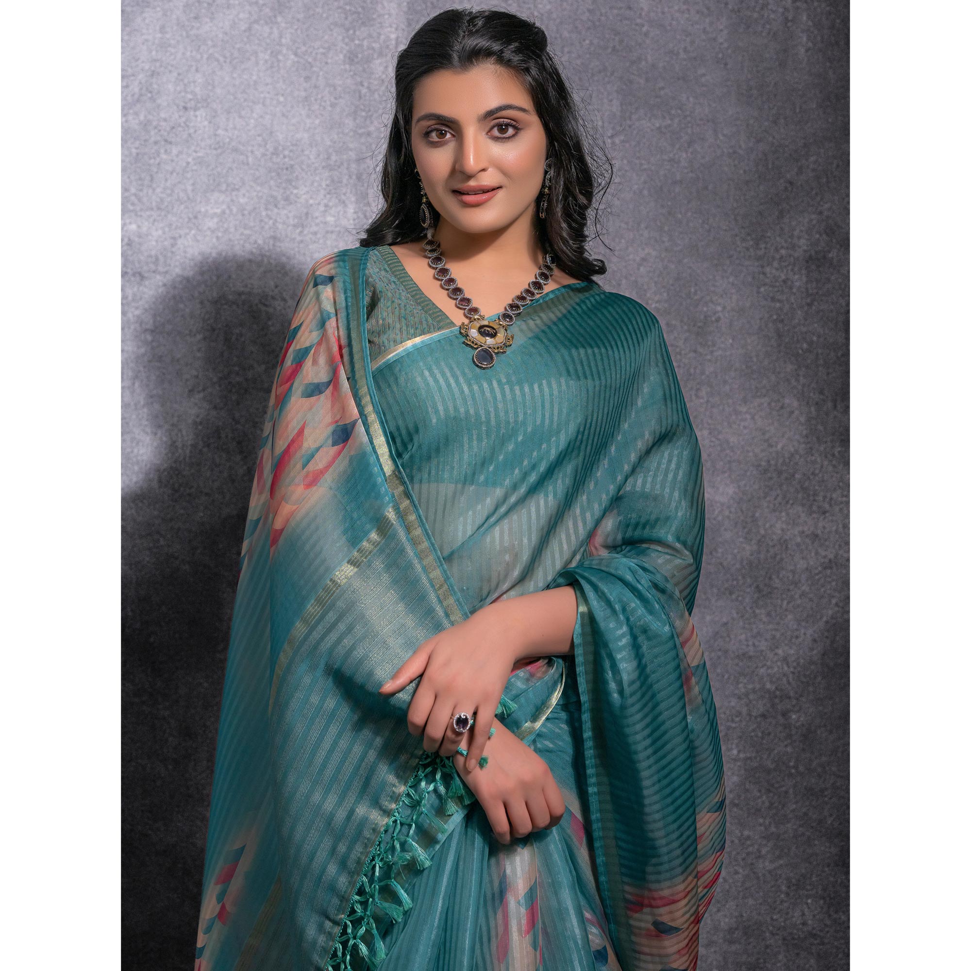Rama Green Digital Printed Linen Saree With Woven Border