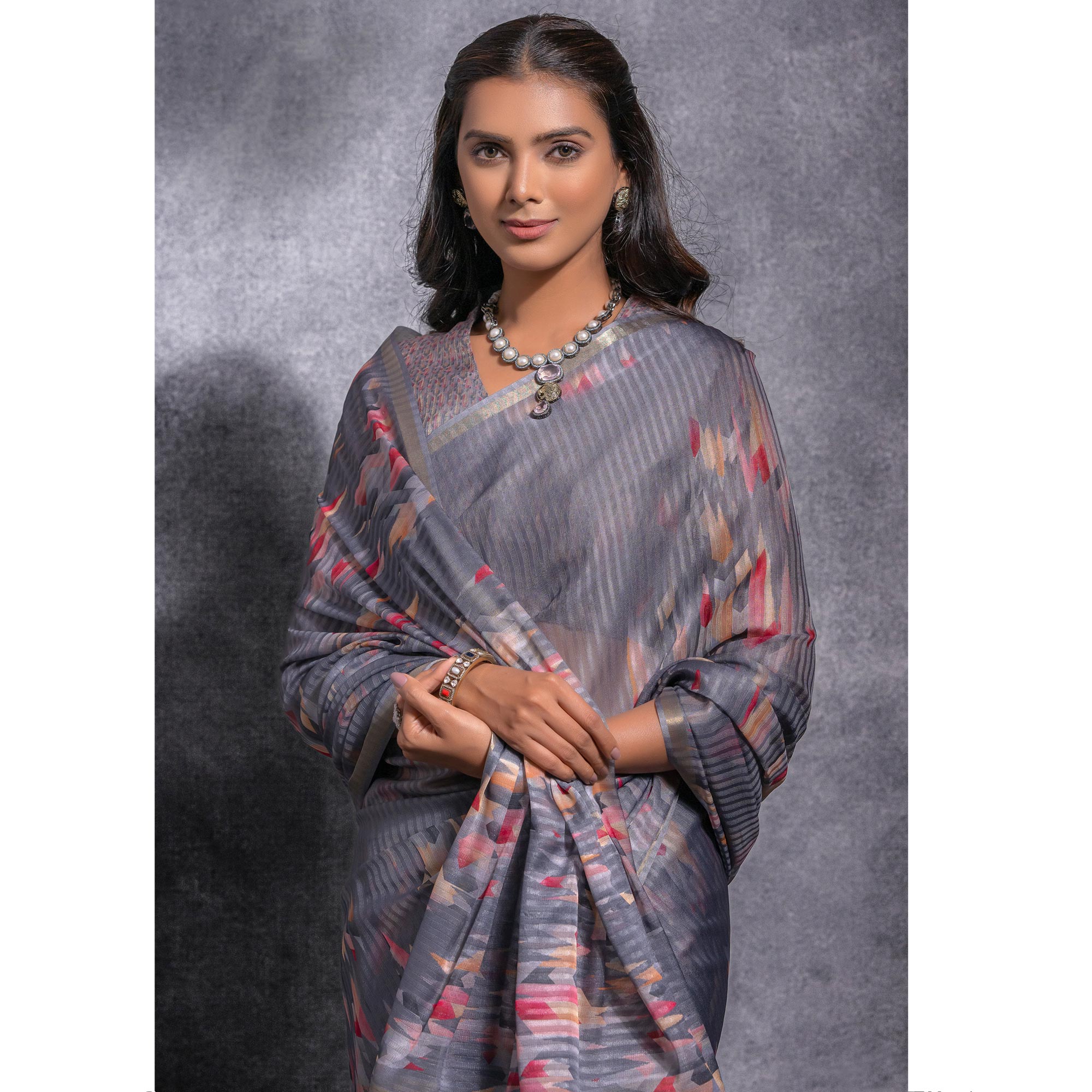 Grey Digital Printed Linen Saree With Woven Border