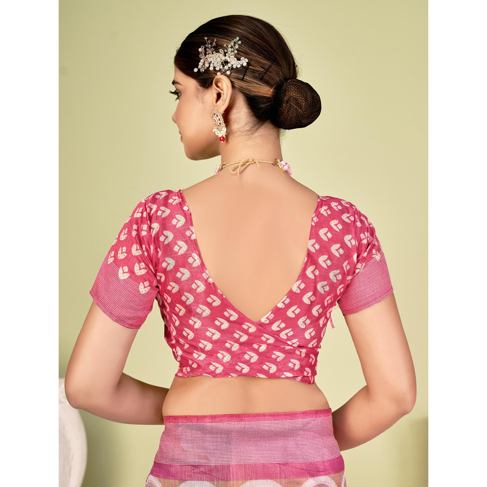 Pink Printed Tussar Silk Saree