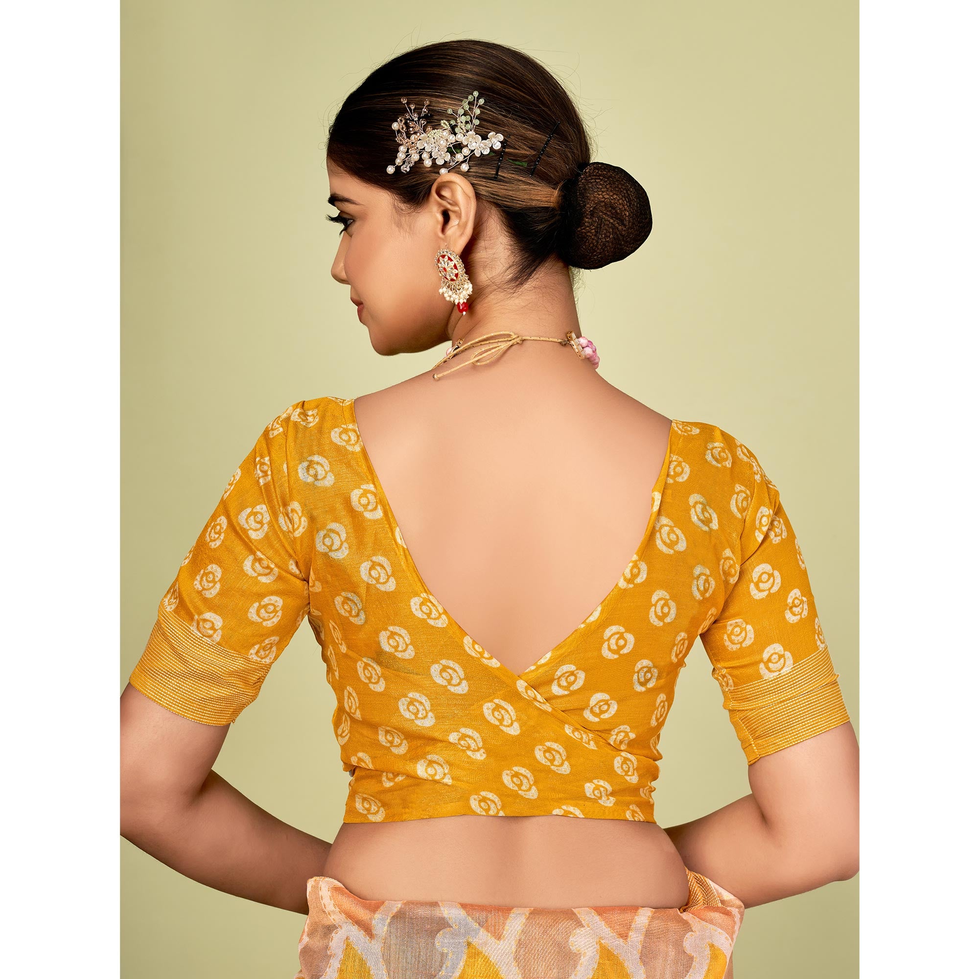 Mustard Printed Tussar Silk Saree