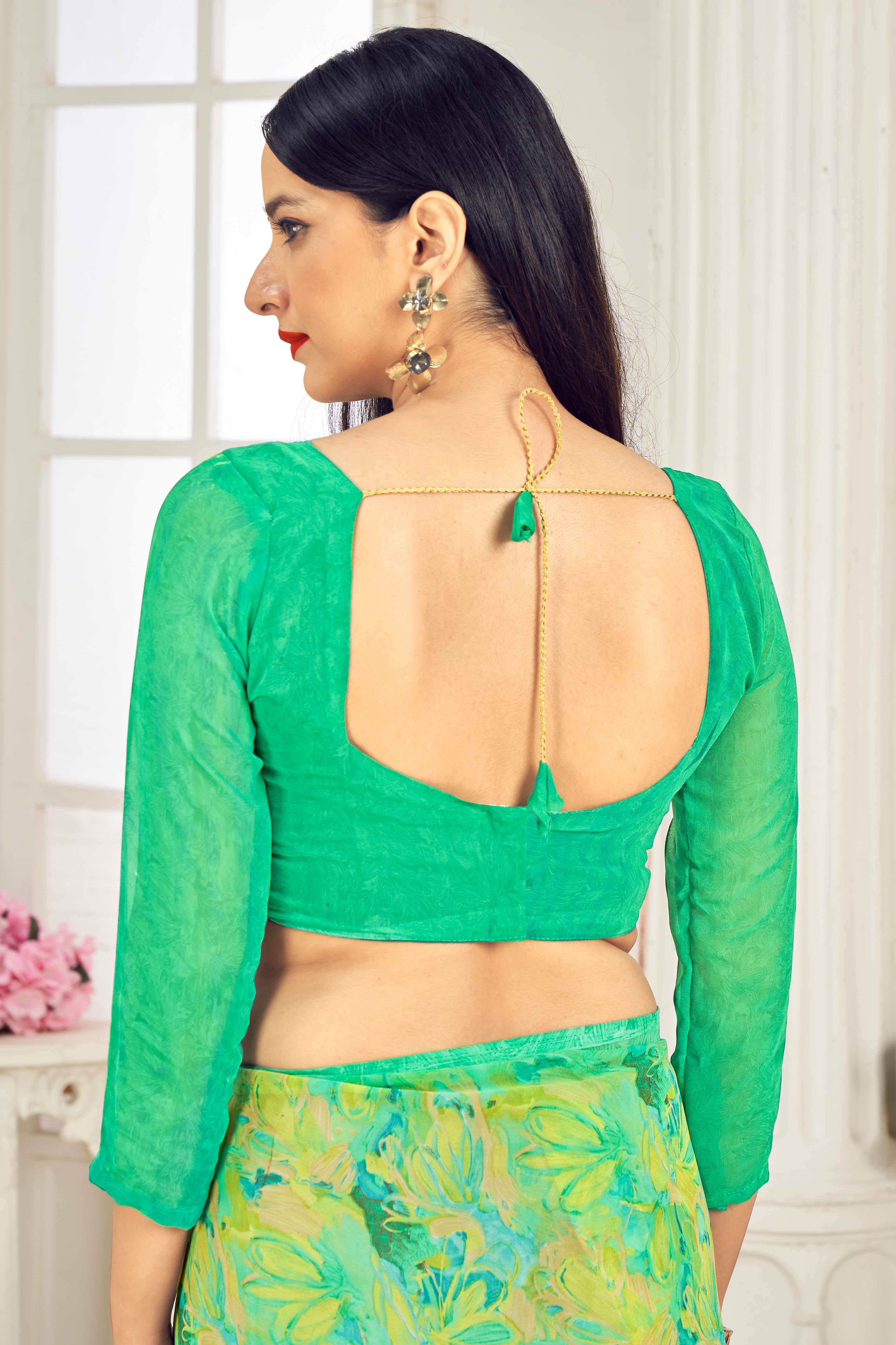 Green Georgette Saree With Delicate Floral Print