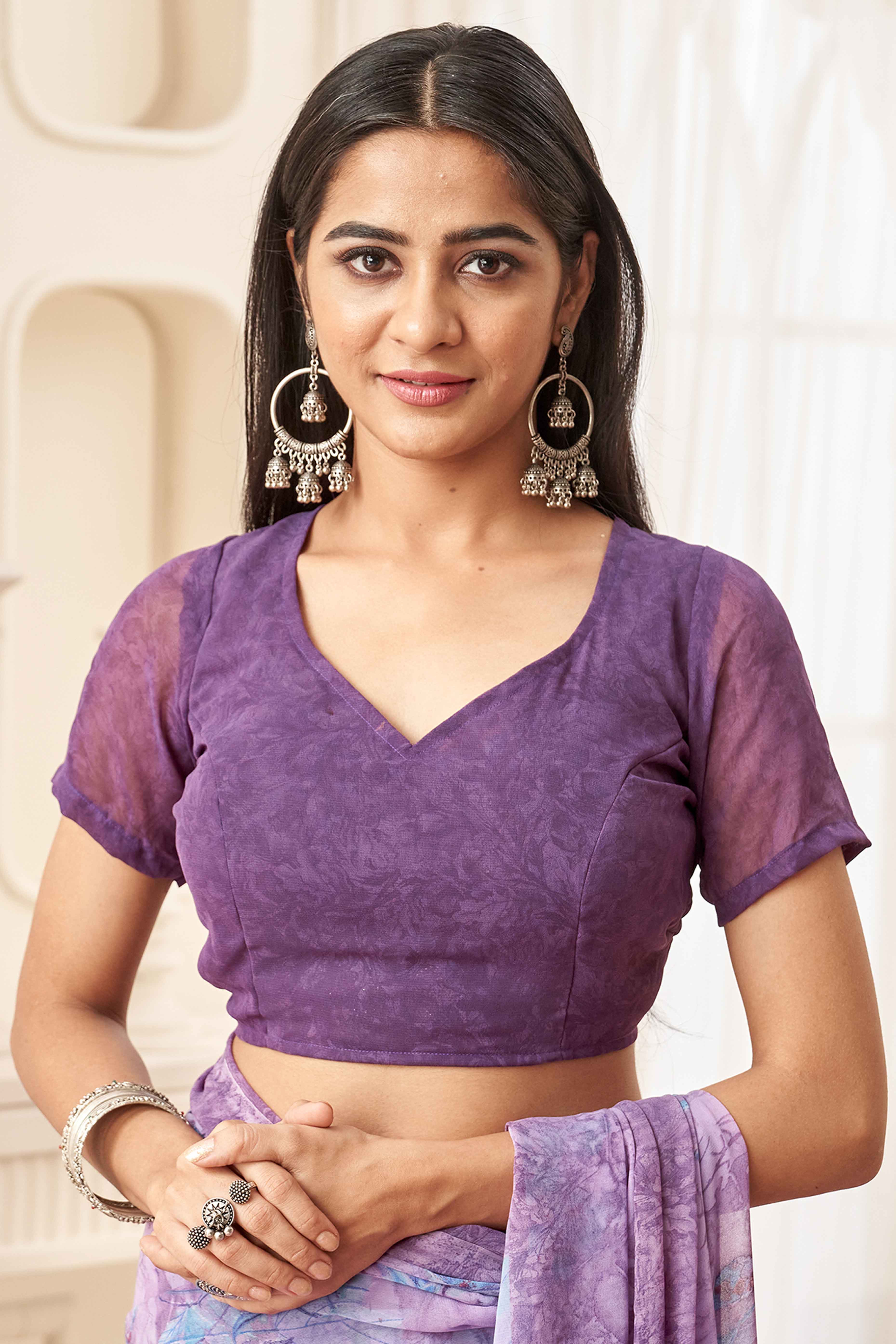 Purple Georgette Saree With Delicate Floral Print