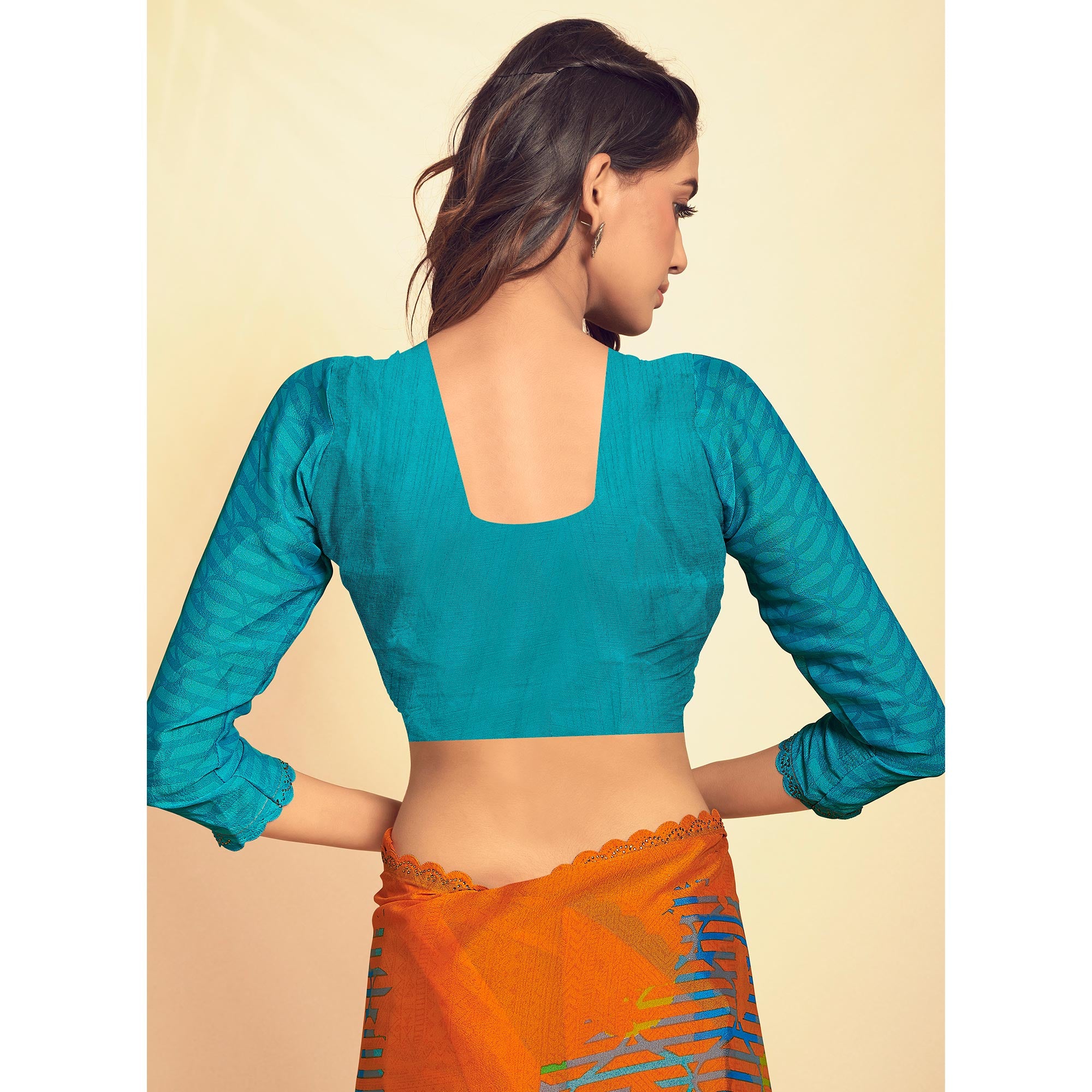 Orange Printed Georgette Saree With Swarovski Border