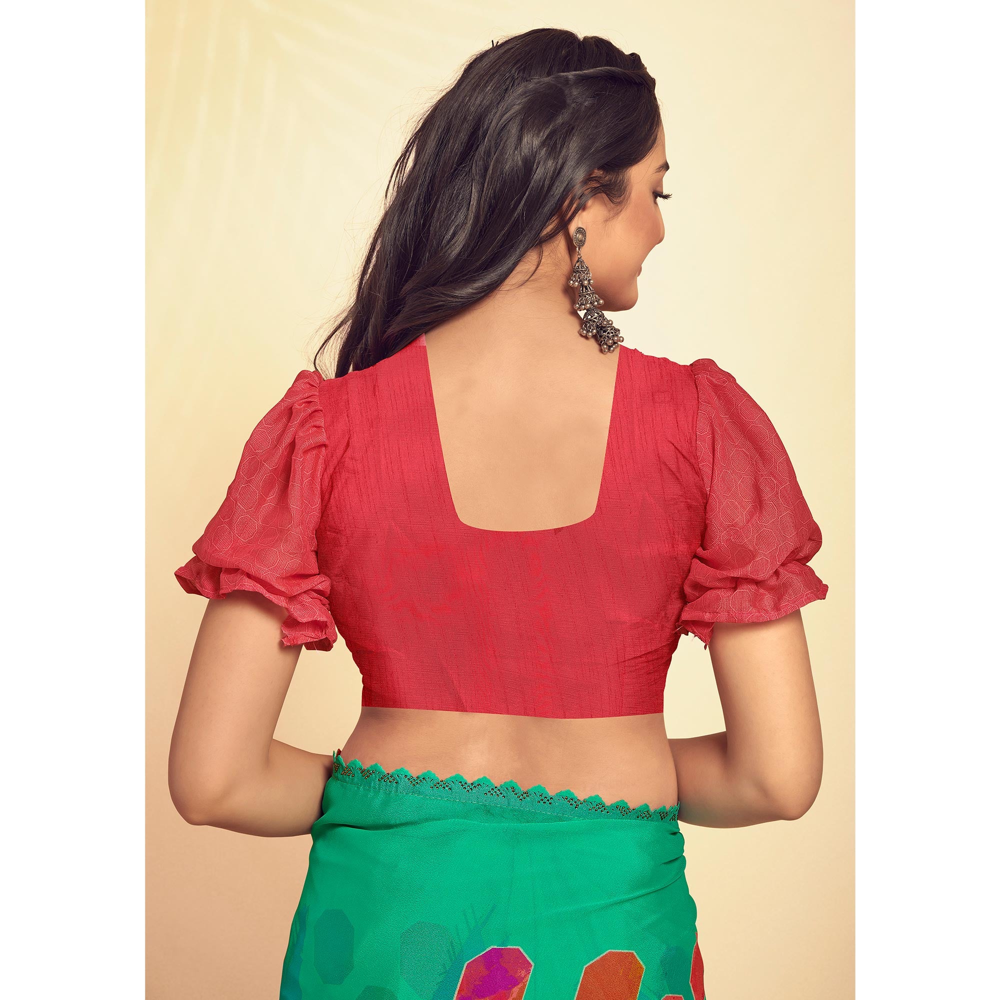 Turquoise Printed Georgette Saree With Swarovski Border