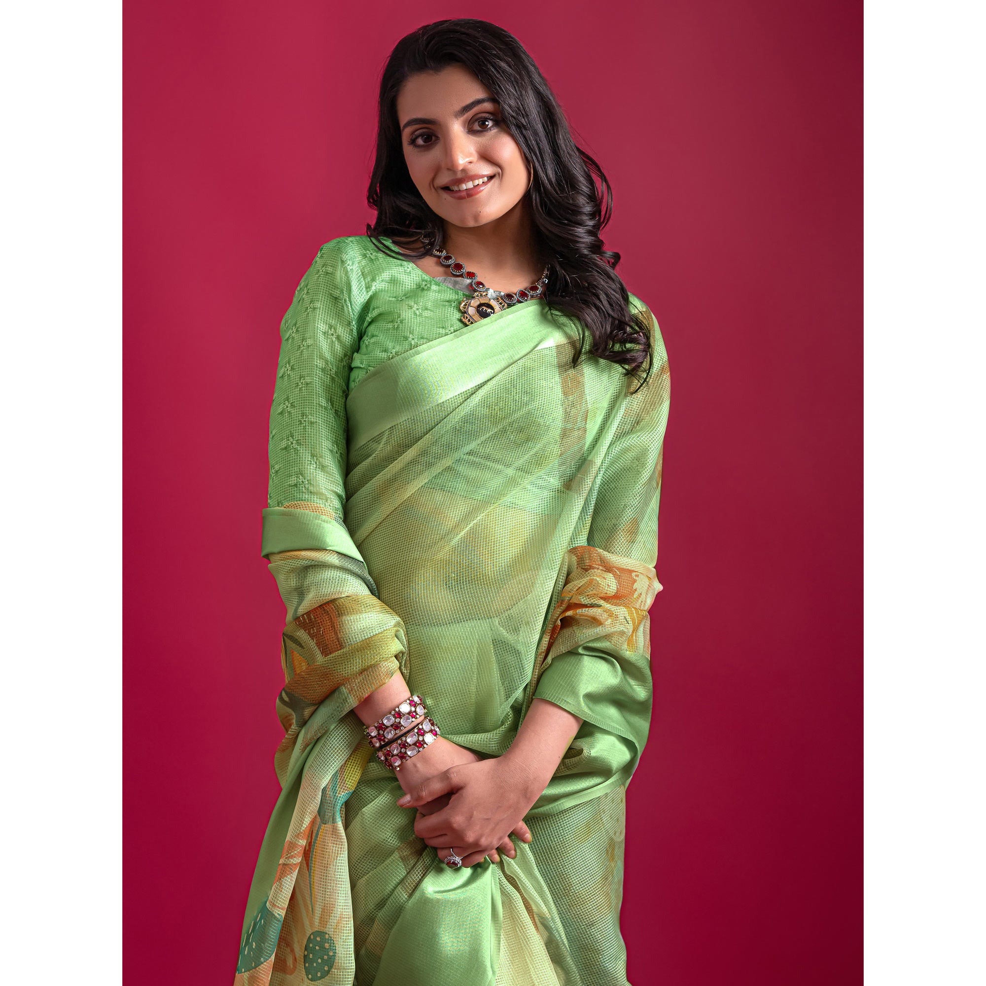 Green Floral Digital Printed Linen Saree With Woven Border