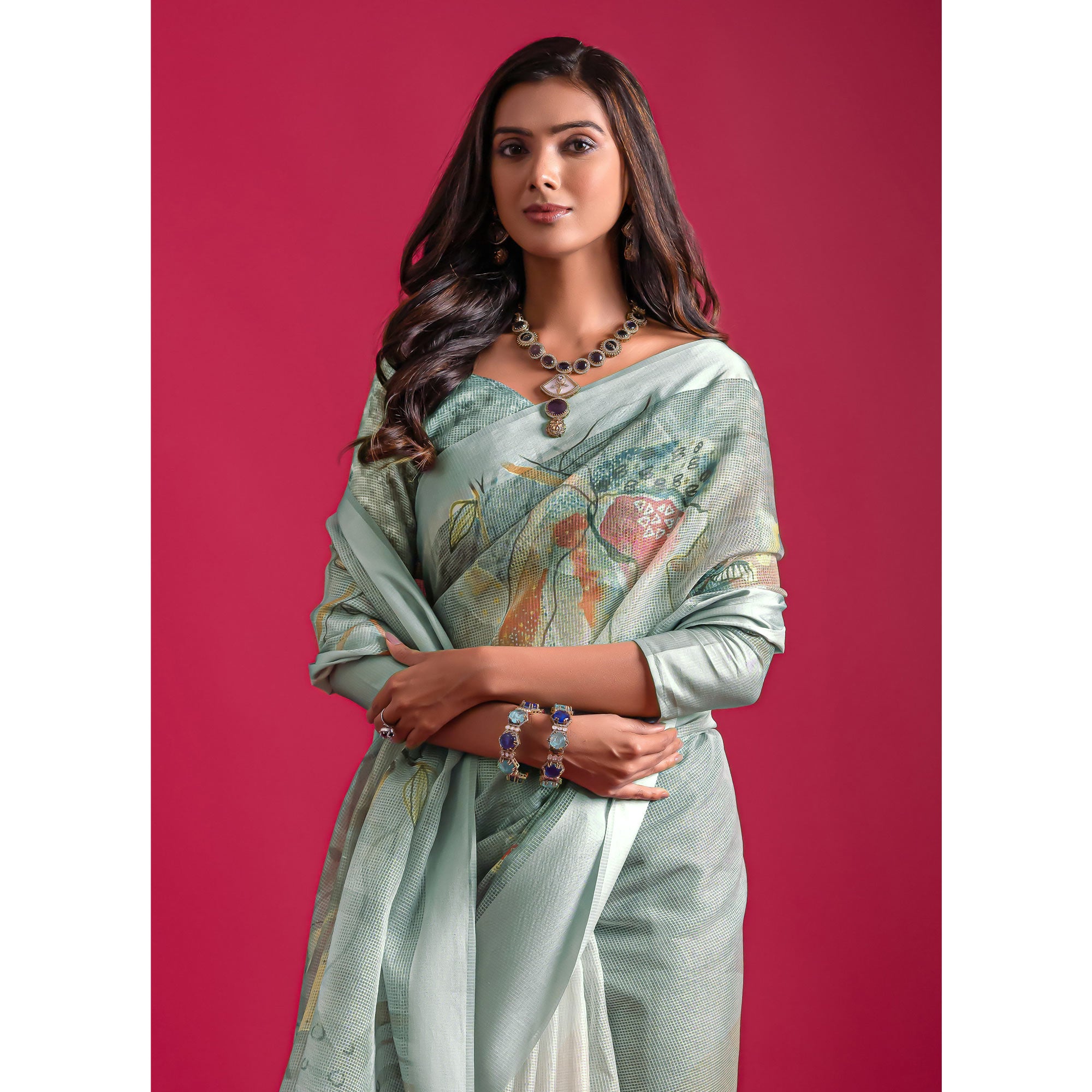 Grey Floral Digital Printed Linen Saree With Woven Border