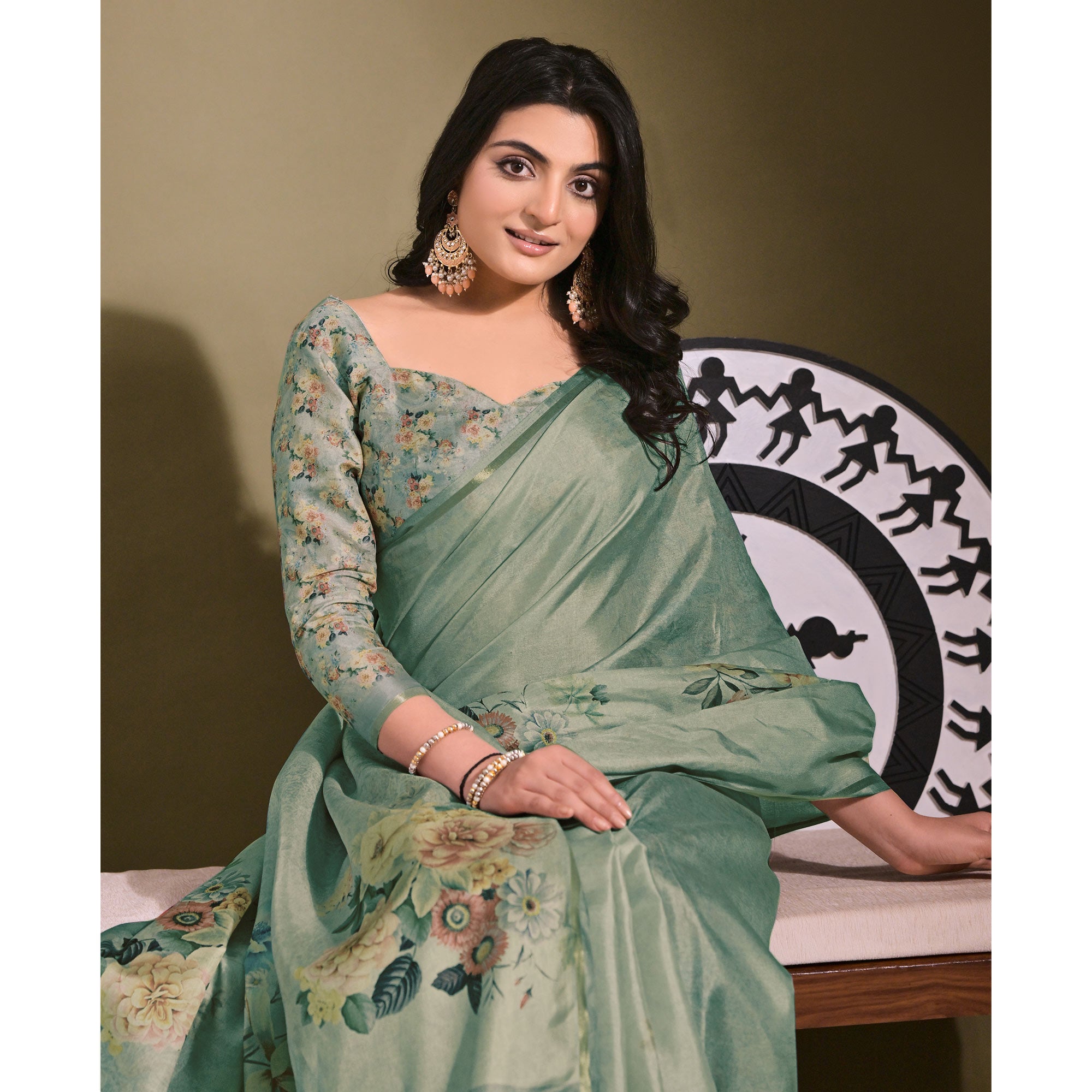 Grey Floral Digital Printed Tussar Silk Saree