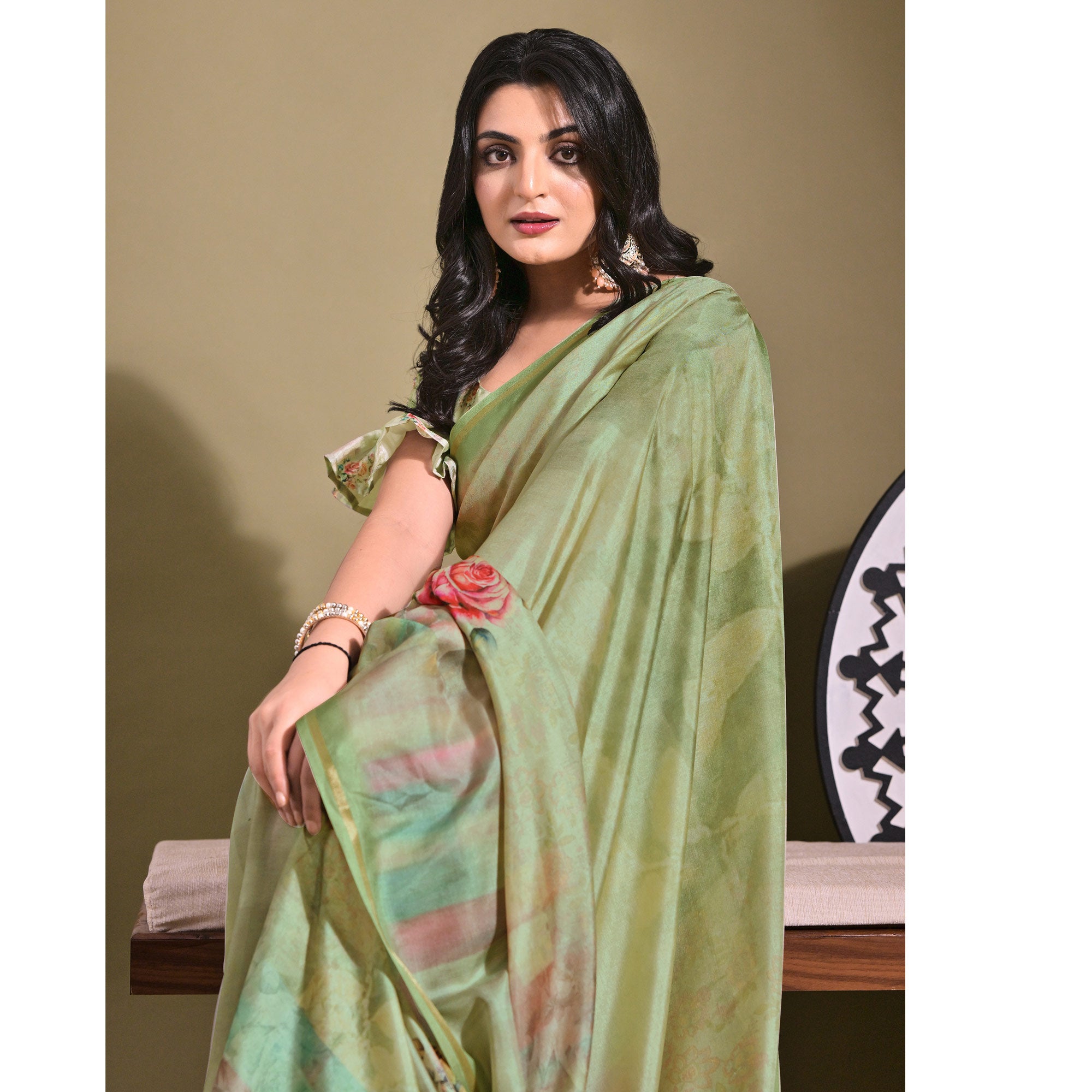 Green Floral Digital Printed Tussar Silk Saree