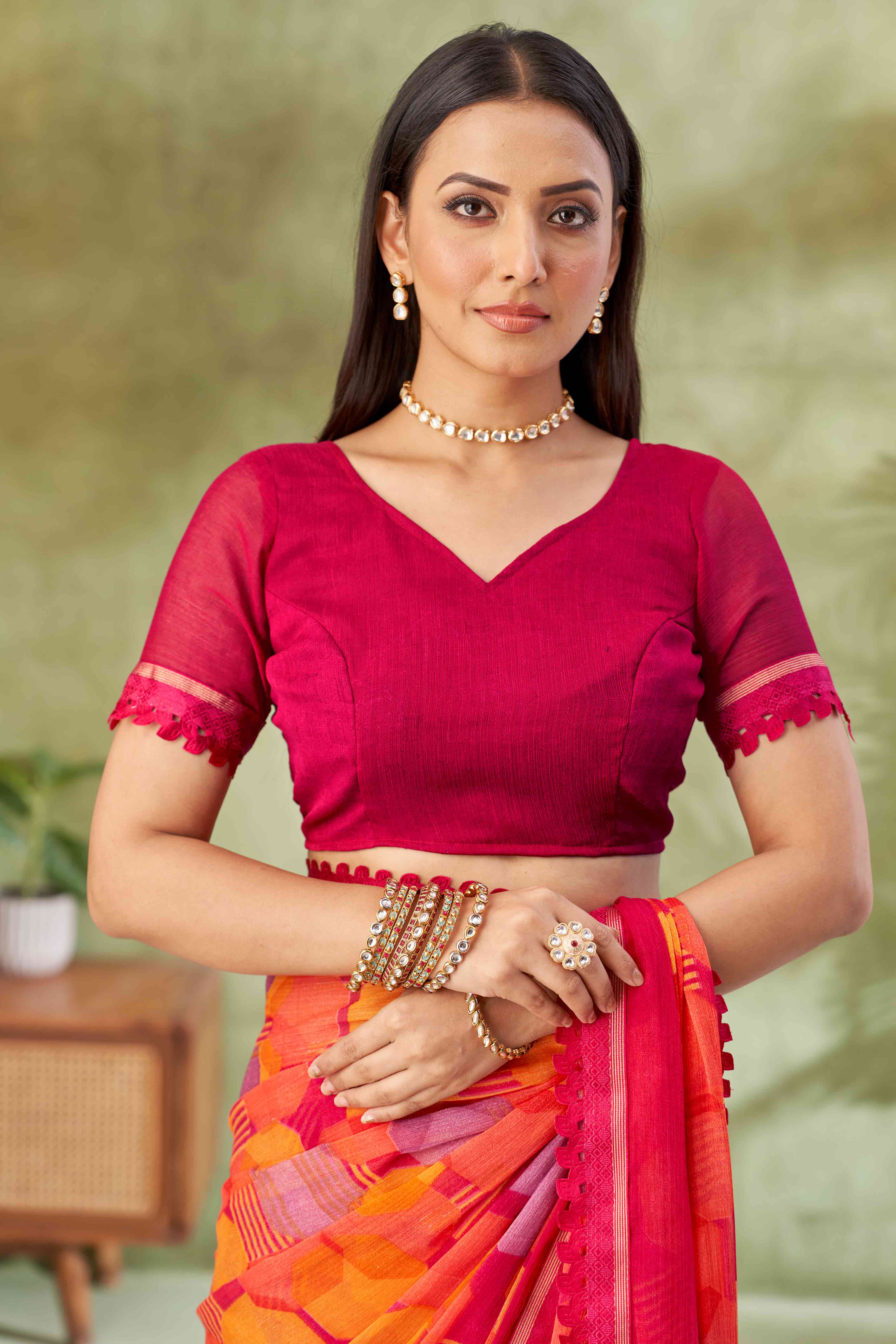 Magenta Digital Printed Chiffon Saree Accented With Elegant Lace Border