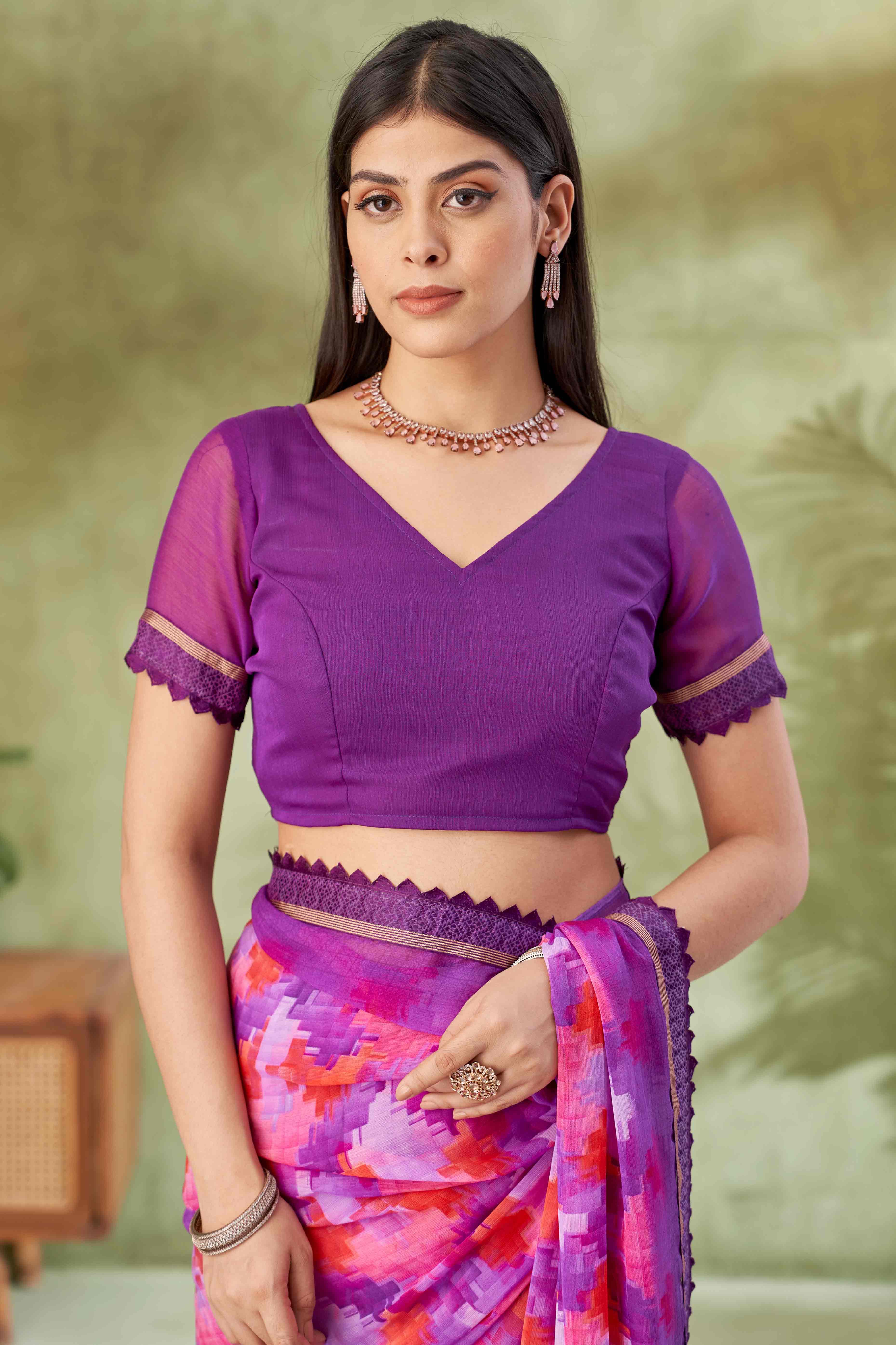 Purple Digital Printed Chiffon Saree Accented With Elegant Lace Border