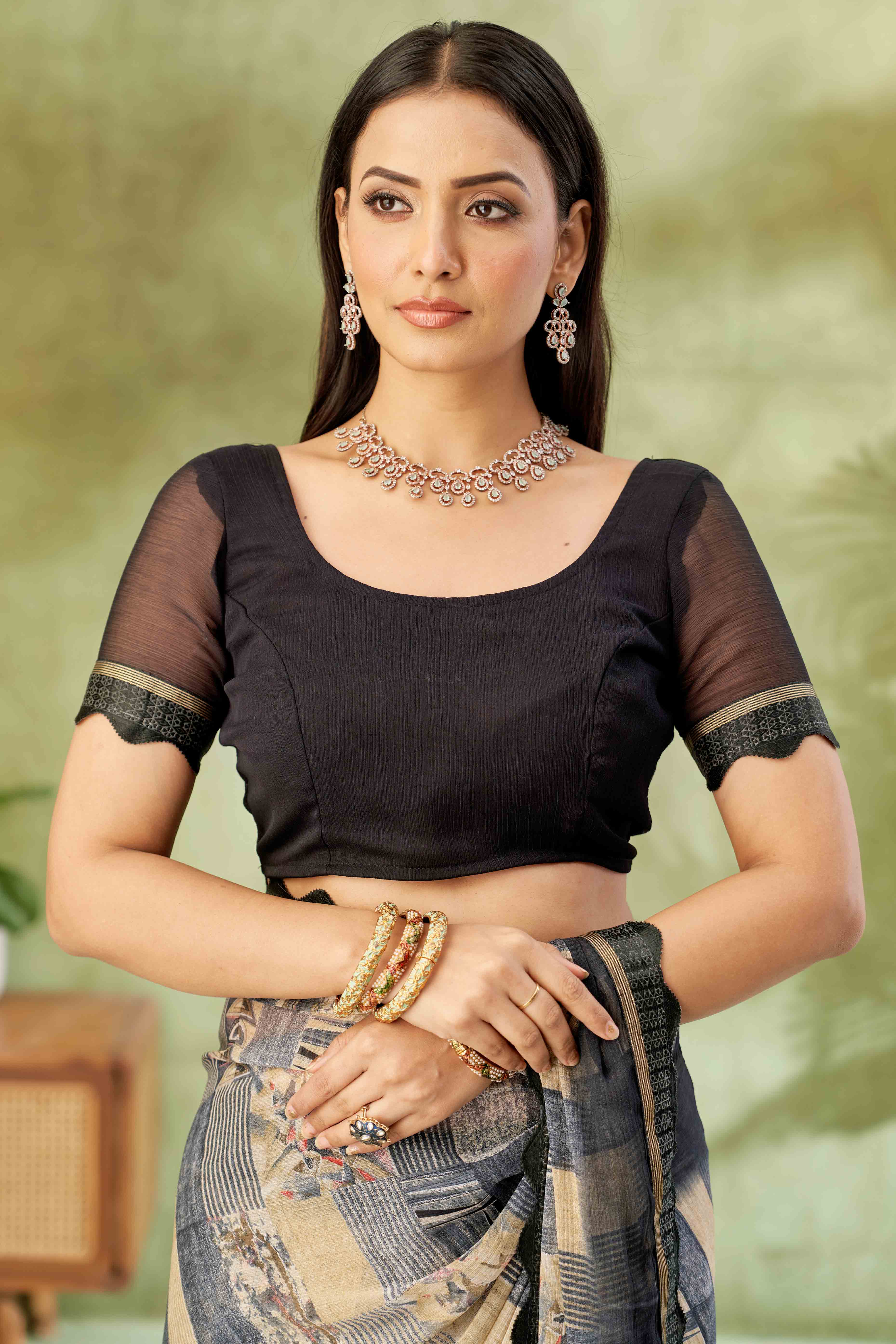 Black Digital Printed Chiffon Saree Accented With Elegant Lace Border