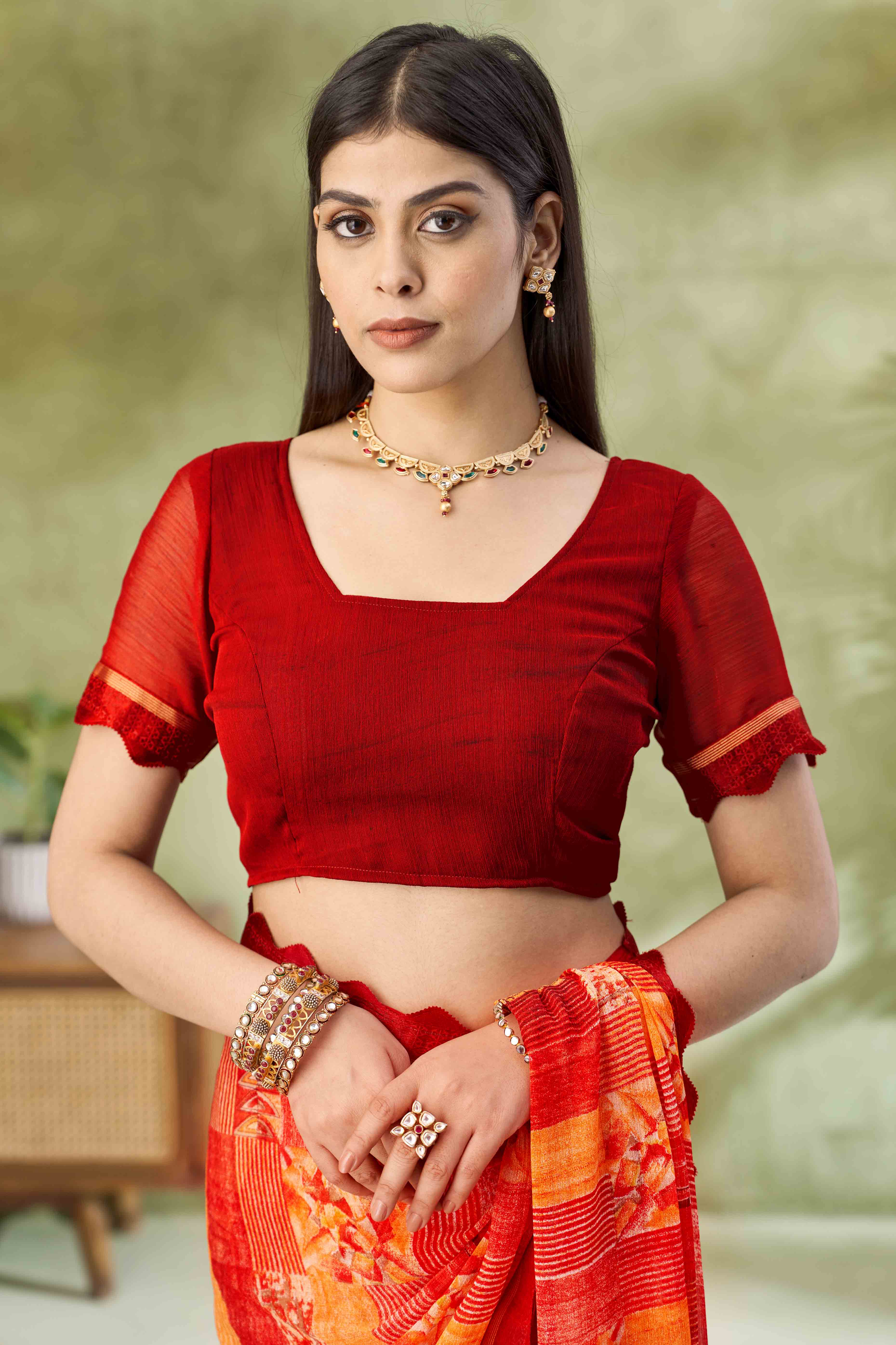 Maroon Digital Printed Chiffon Saree Accented With Elegant Lace Border