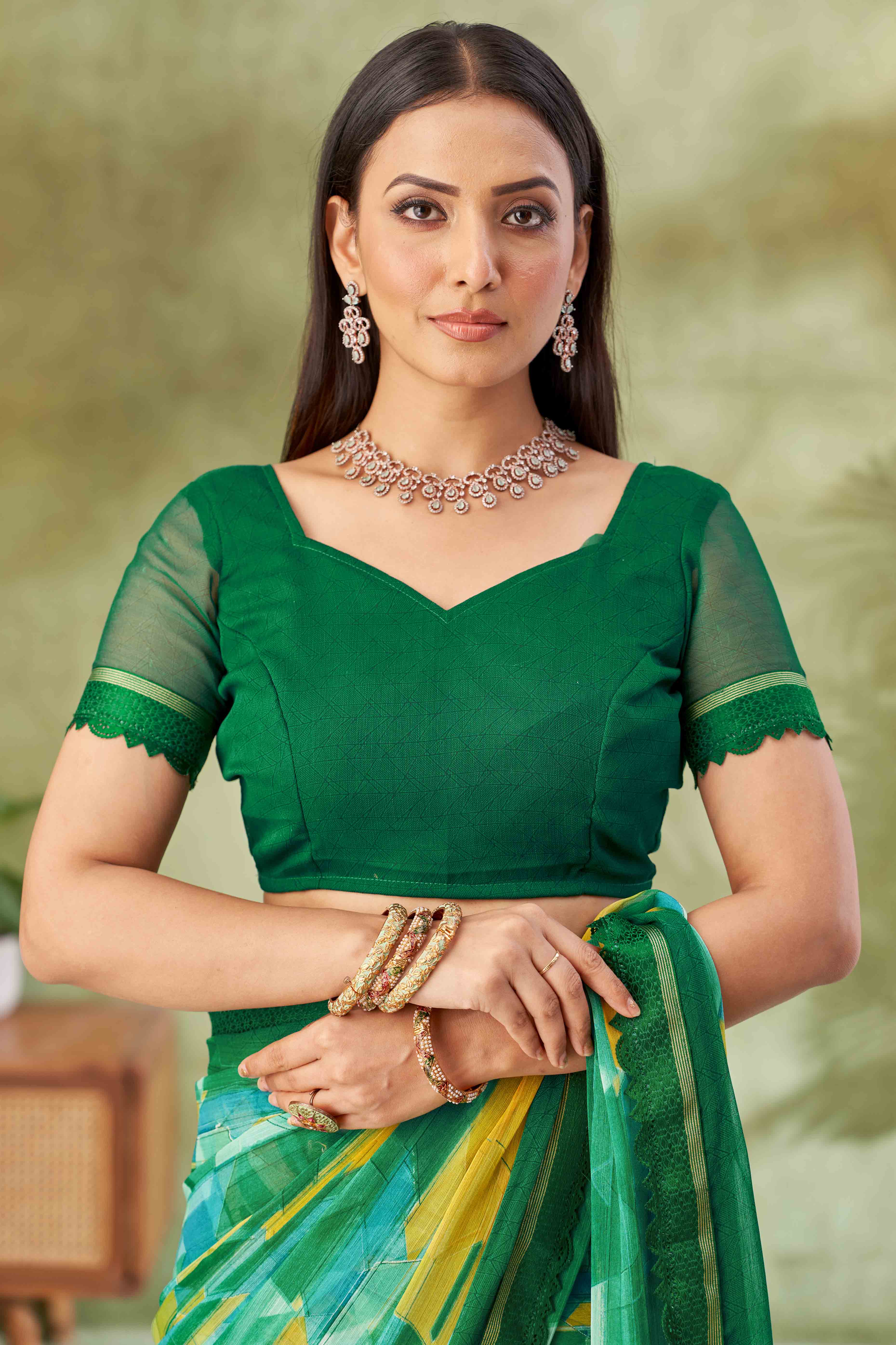 Green Digital Printed Chiffon Saree Accented With Elegant Lace Border