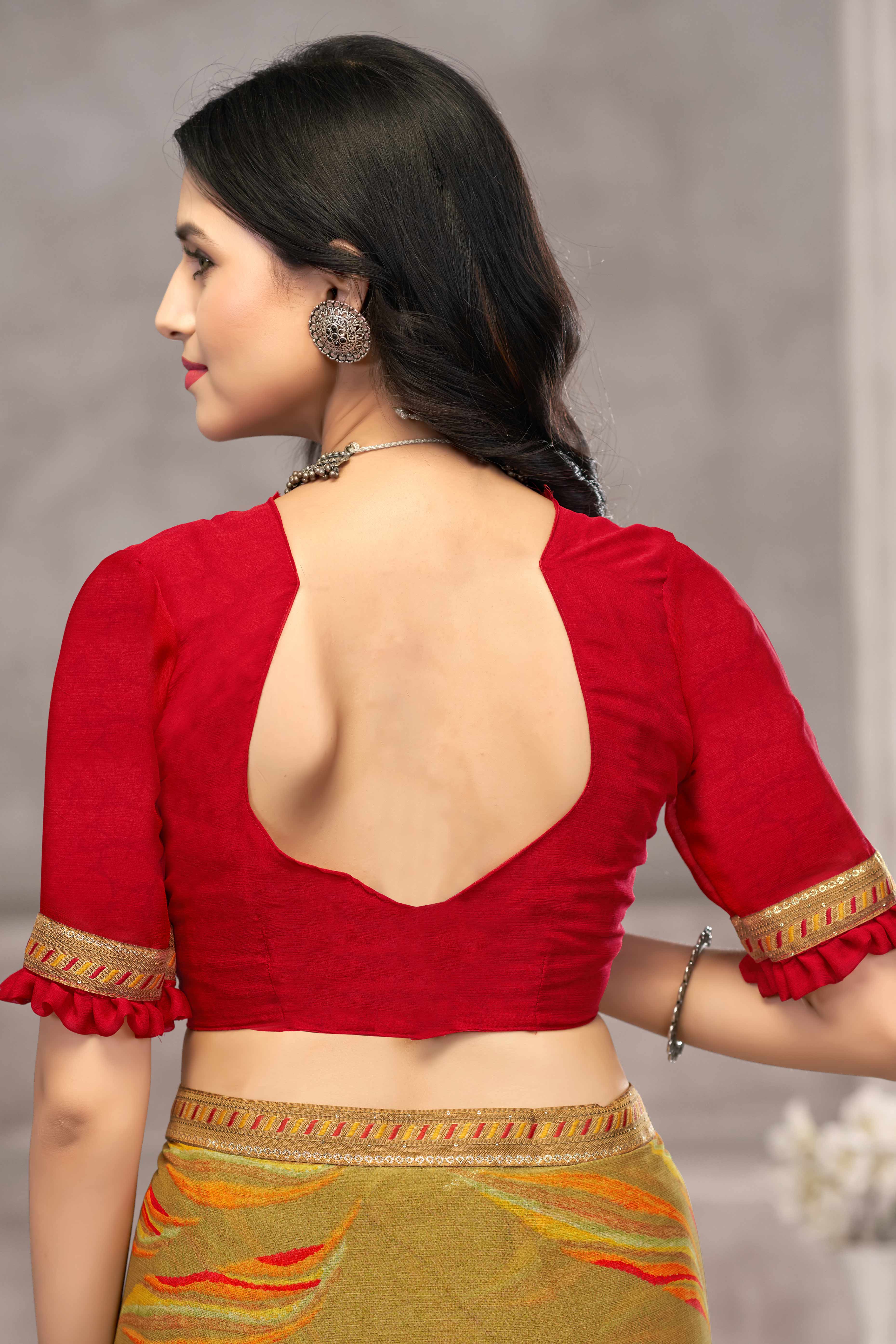 Refreshing Olive Chiffon Saree Featuring Digital Print & Graceful Lace Border
