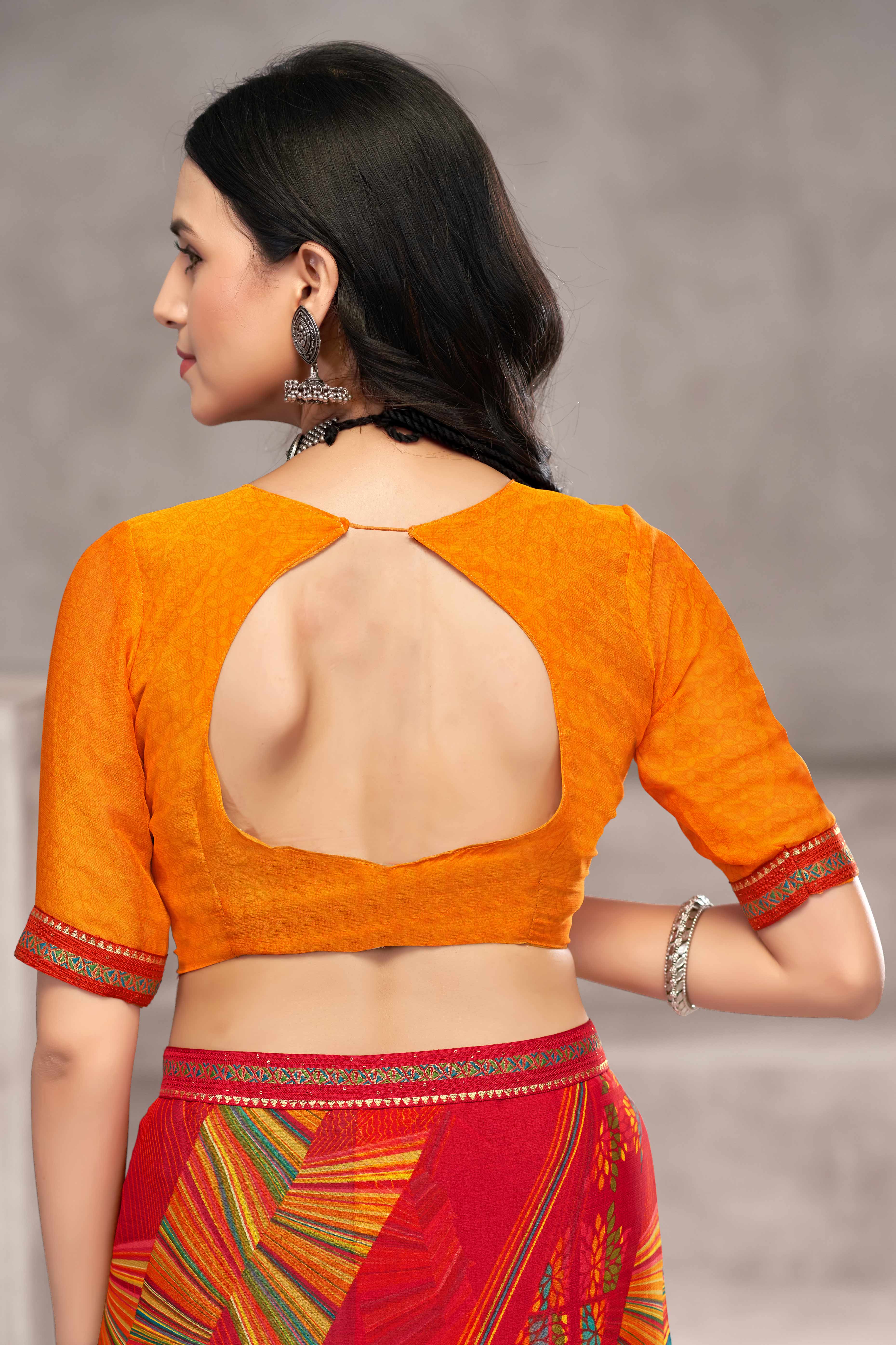 Majestic Red Chiffon Saree Featuring Digital Print & Graceful Lace Border