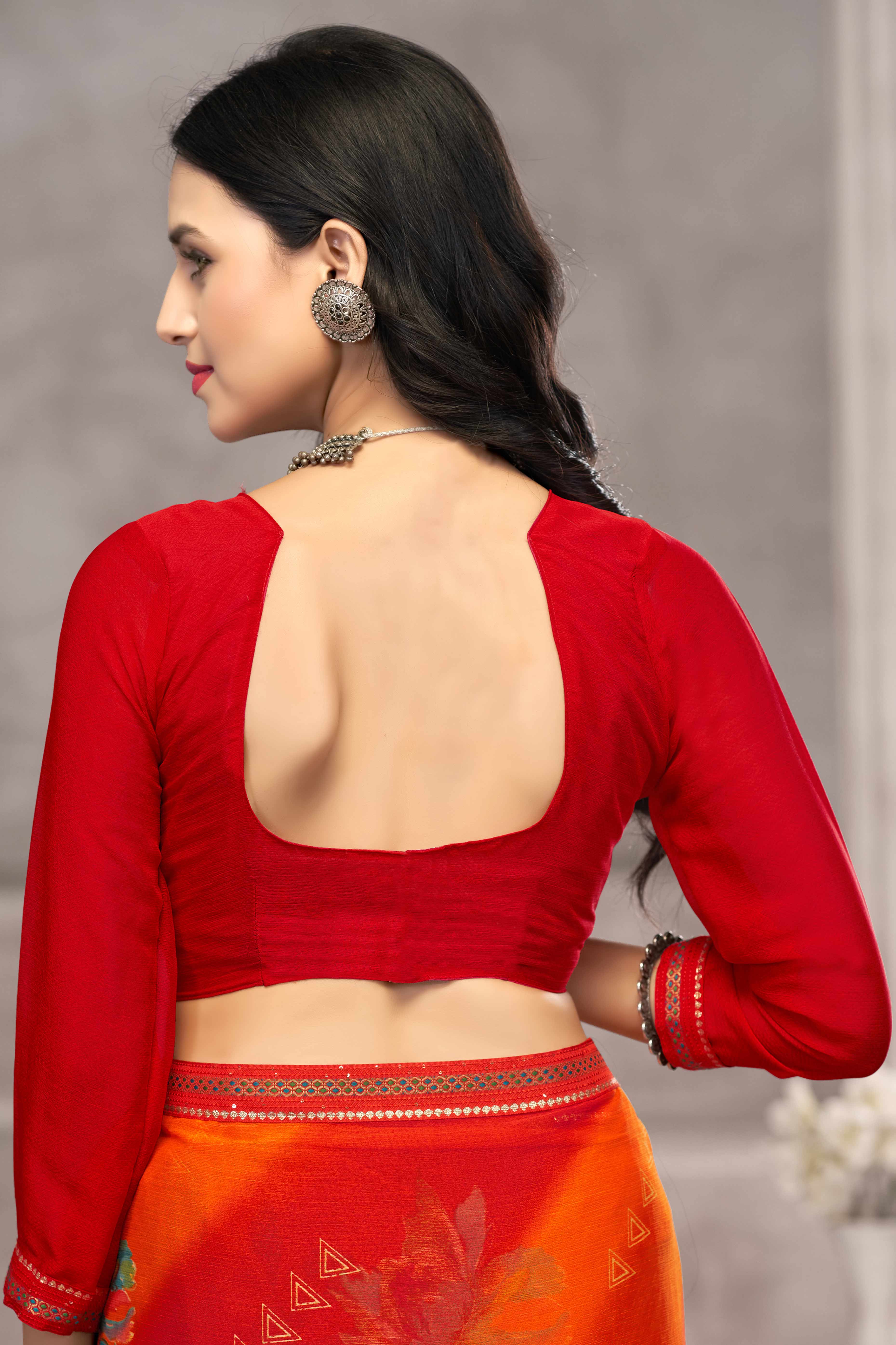 Refreshing Orange & Red Chiffon Saree Featuring Digital Print & Graceful Lace Border