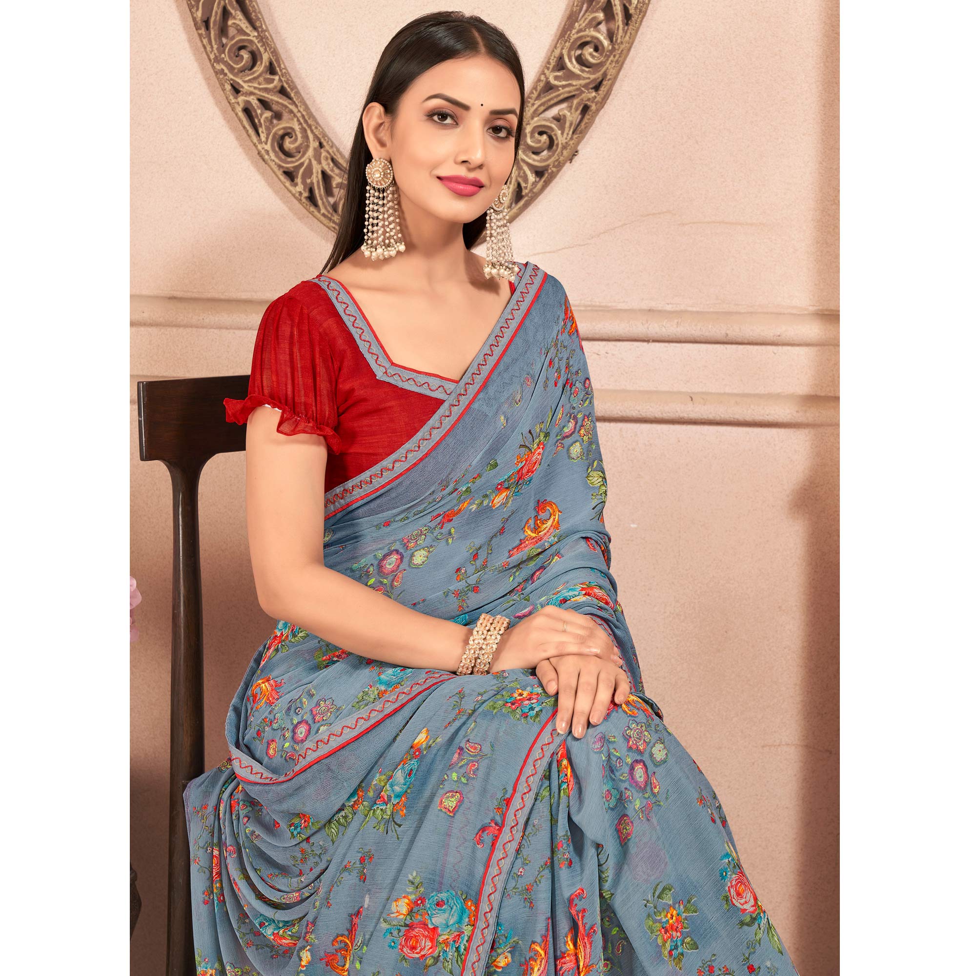 Grey Floral Printed Chiffon Saree With Lace Border