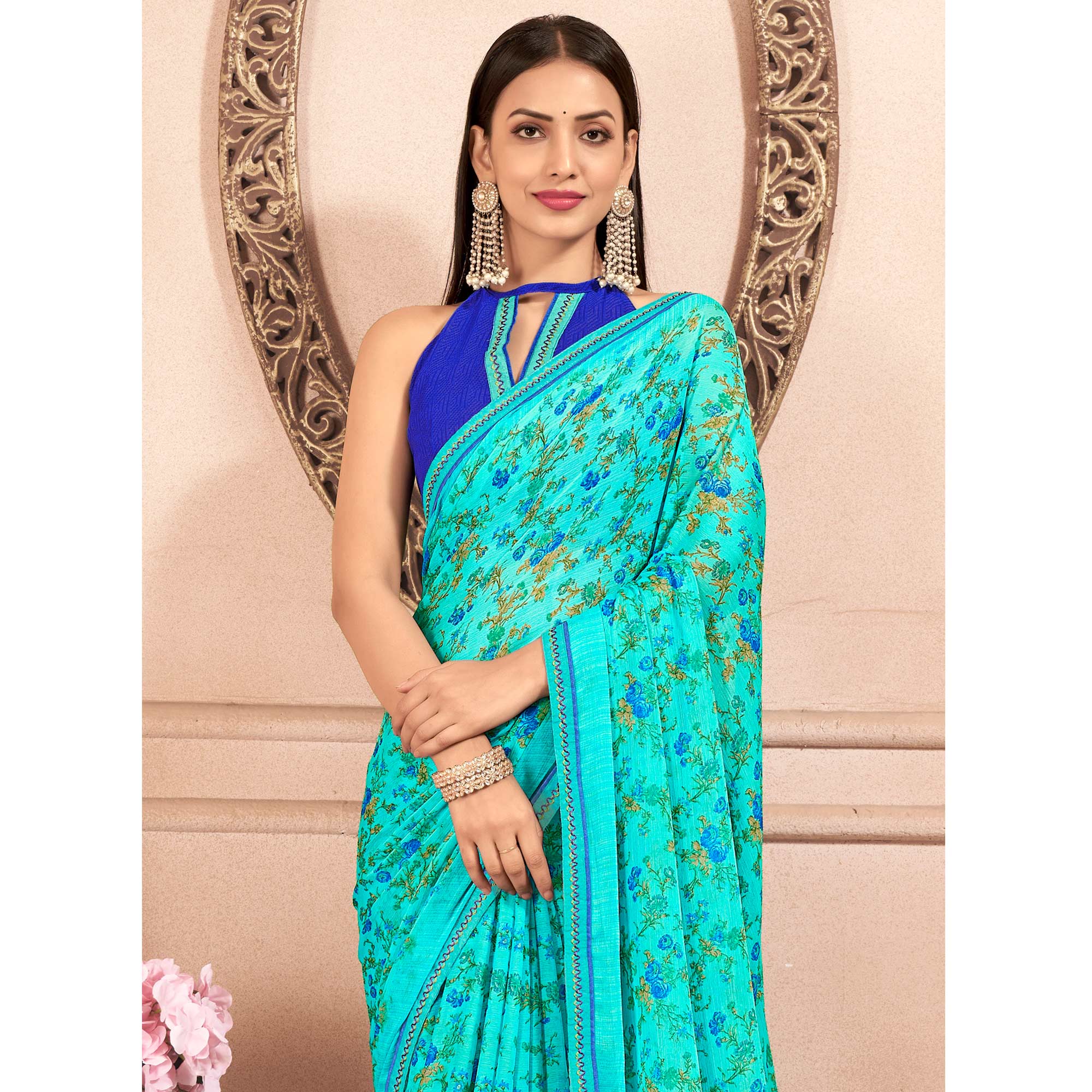 Turquoise Floral Printed Chiffon Saree With Lace Border