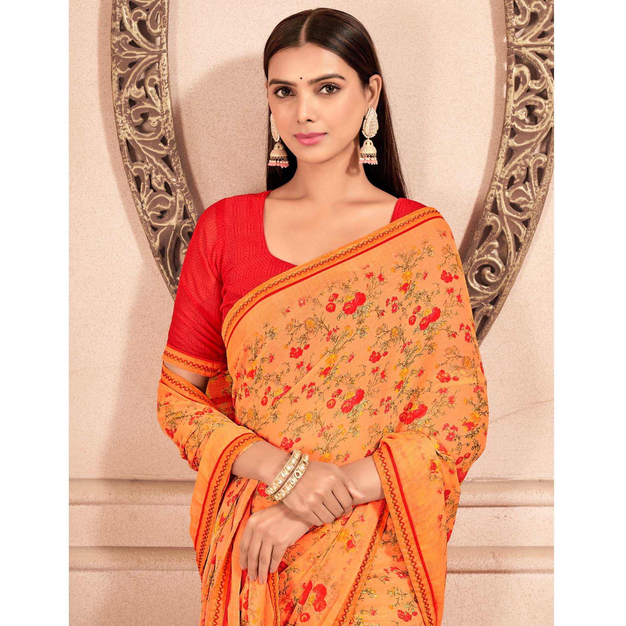 Orange Floral Printed Chiffon Saree With Lace Border