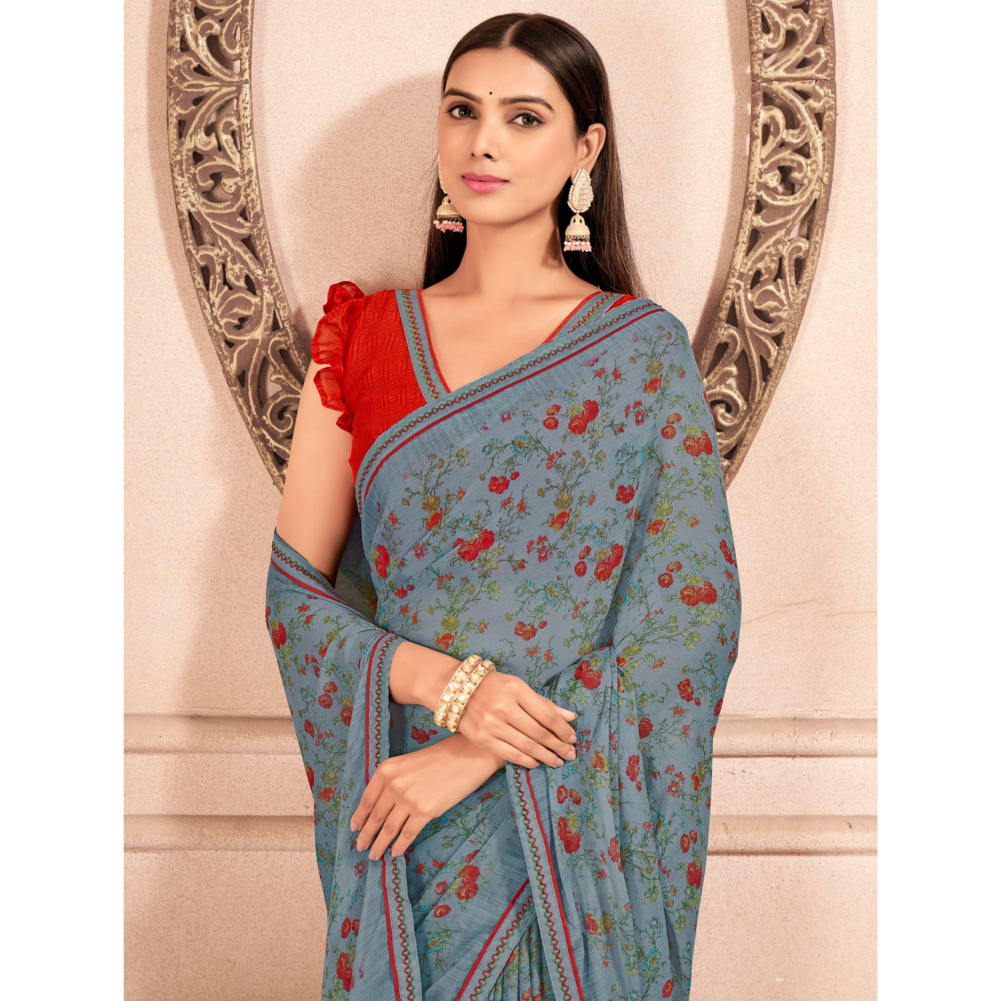 Grey Floral Printed Chiffon Saree With Lace Border