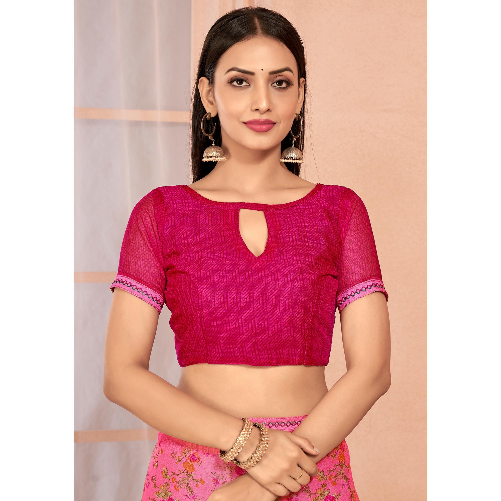 Pink Floral Printed Chiffon Saree With Lace Border