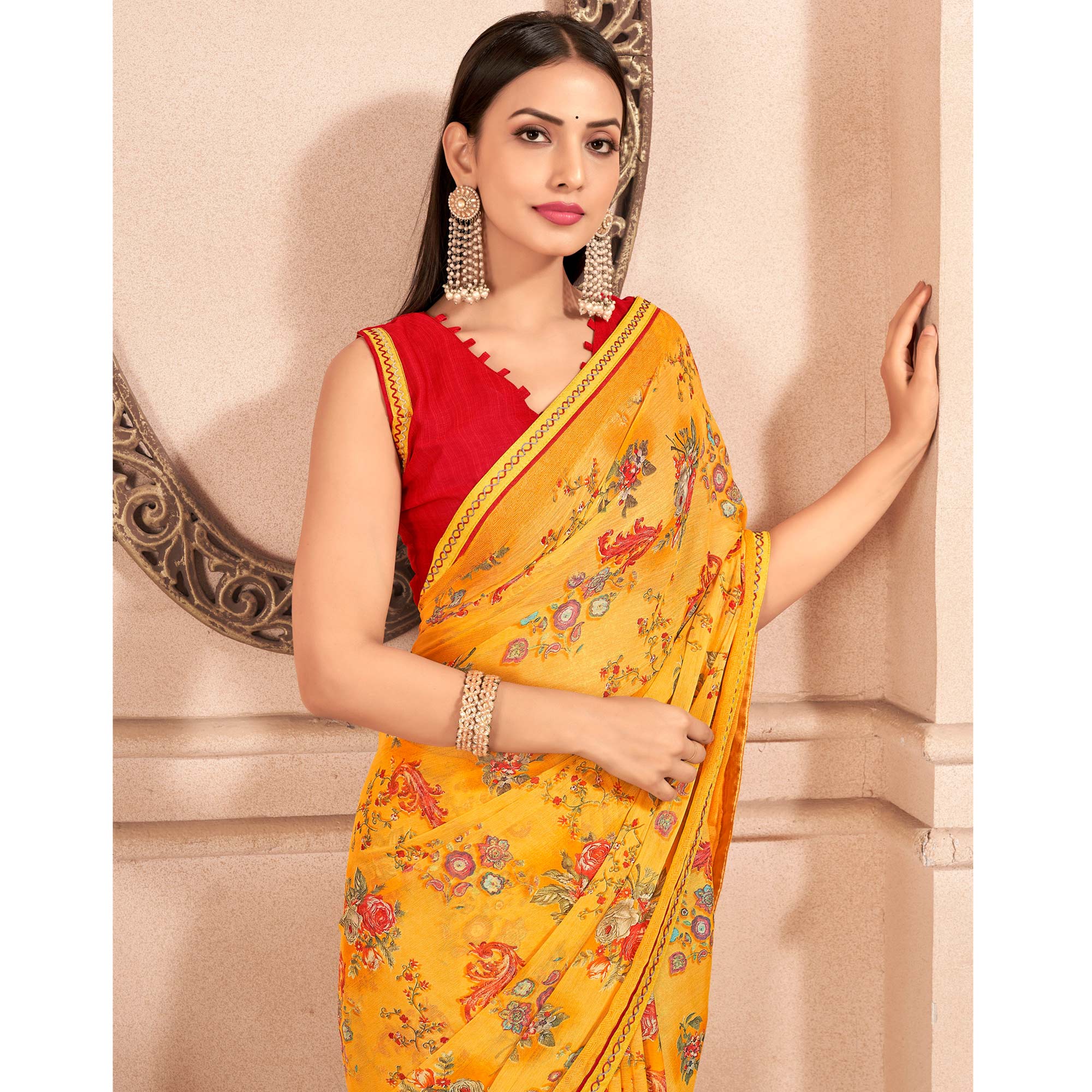 Yellow Floral Printed Chiffon Saree With Lace Border