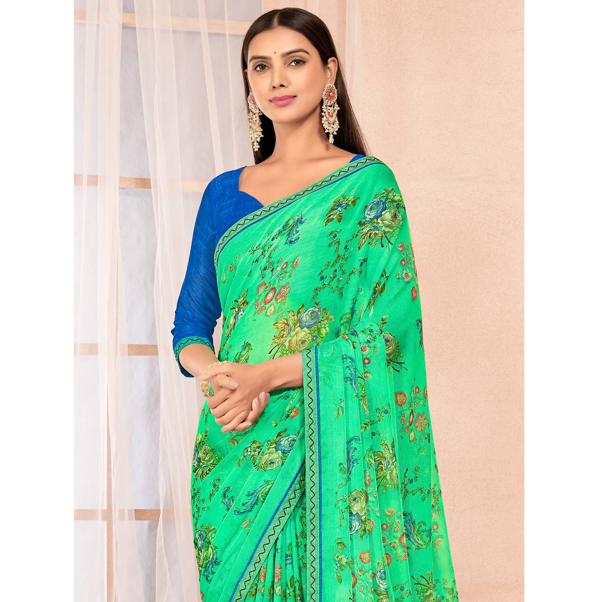 Mint Green Floral Printed Chiffon Saree With Lace Border