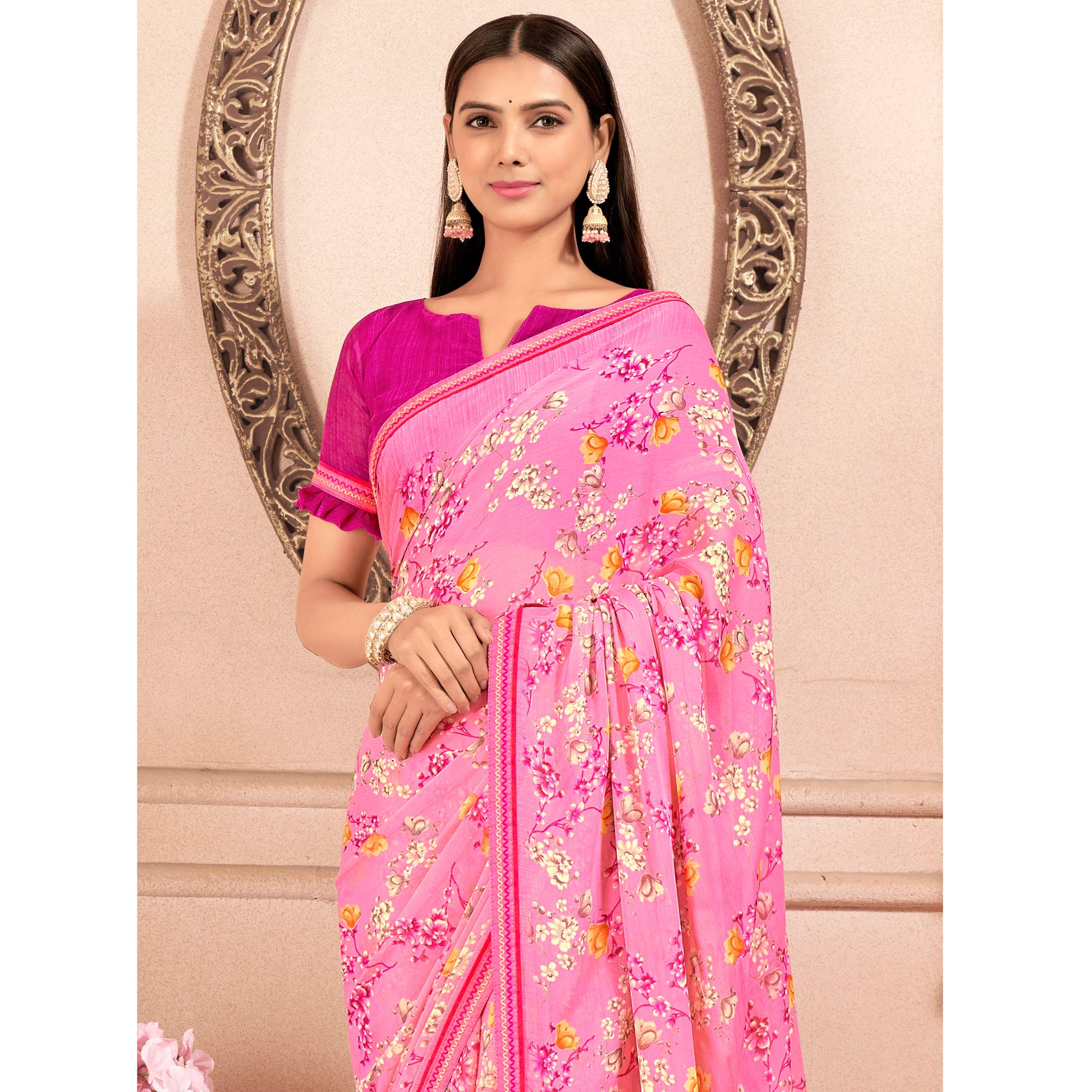 Pink Floral Printed Chiffon Saree With Lace Border