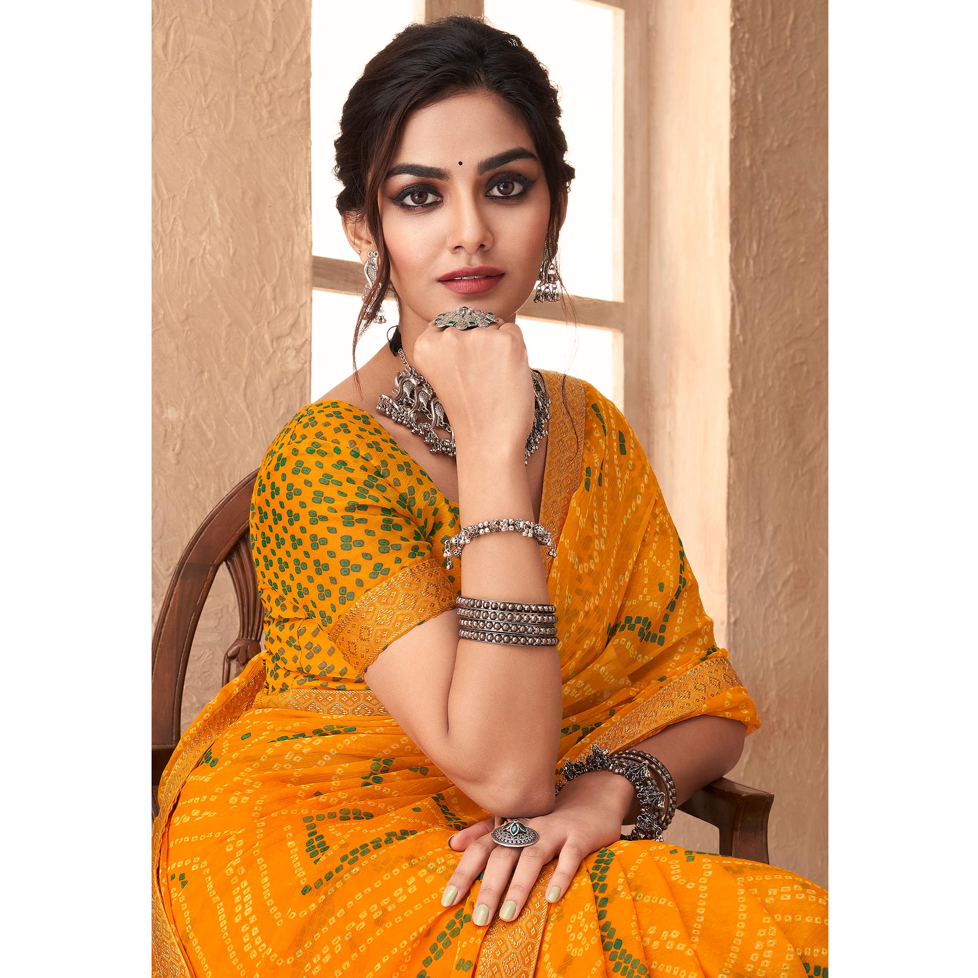 Yellow Bandhani Printed Chiffon Saree