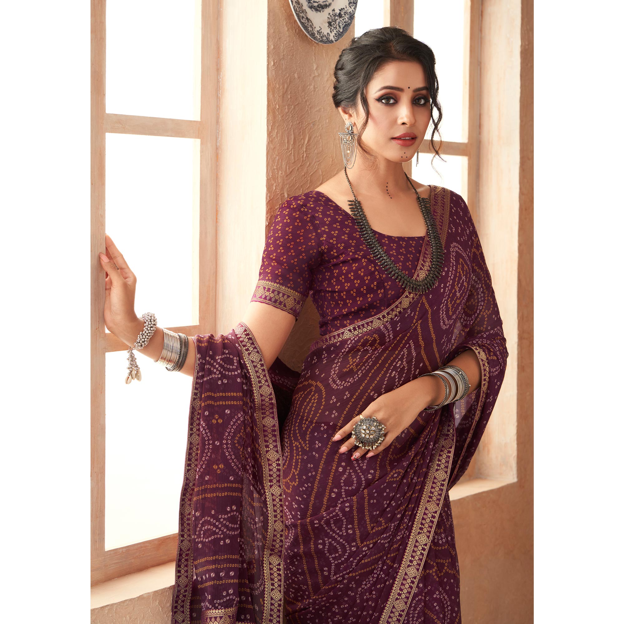 Wine Bandhani Printed Chiffon Saree