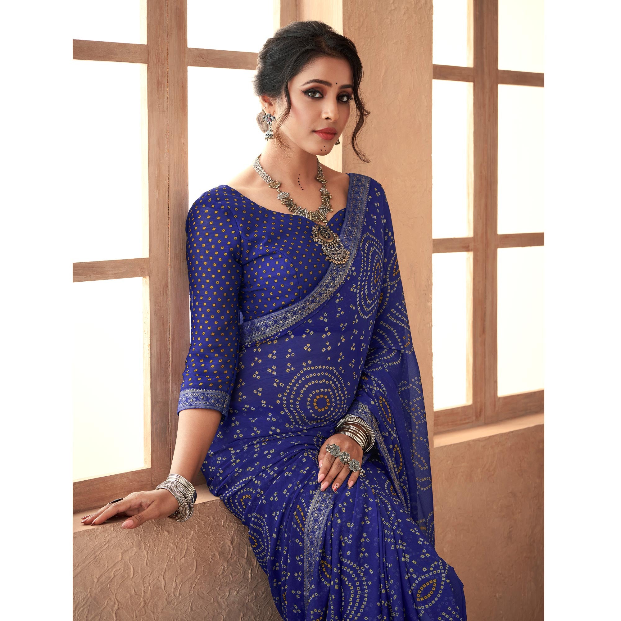 Blue Bandhani Printed Chiffon Saree