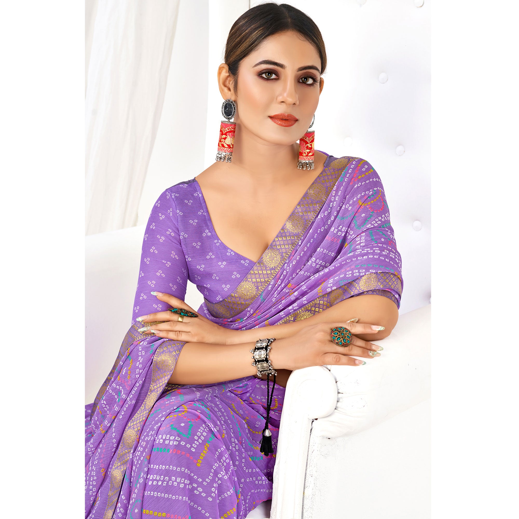 Purple Bandhani Printed Chiffon Saree