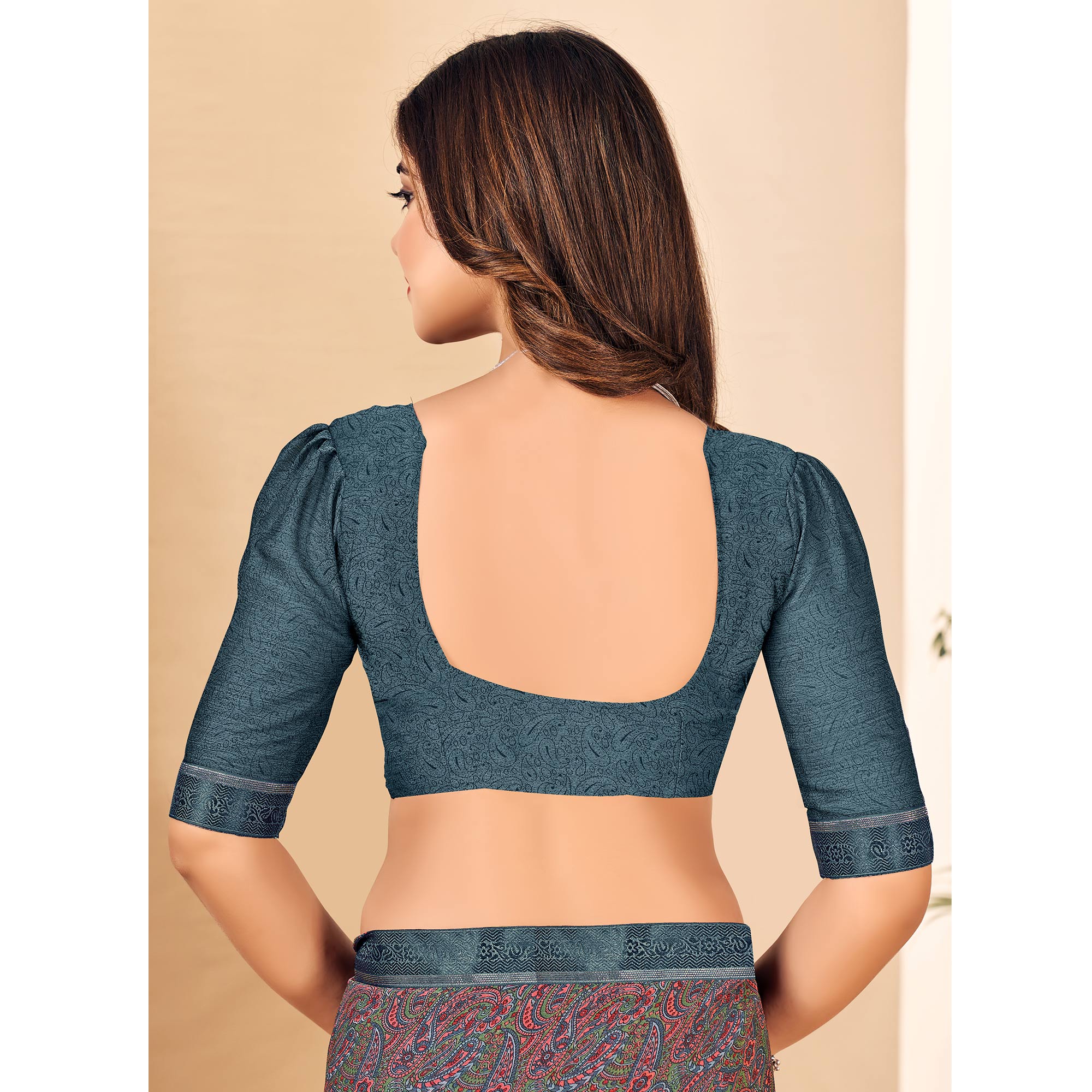 Grey Floral Printed Chiffon Saree With Lace Border