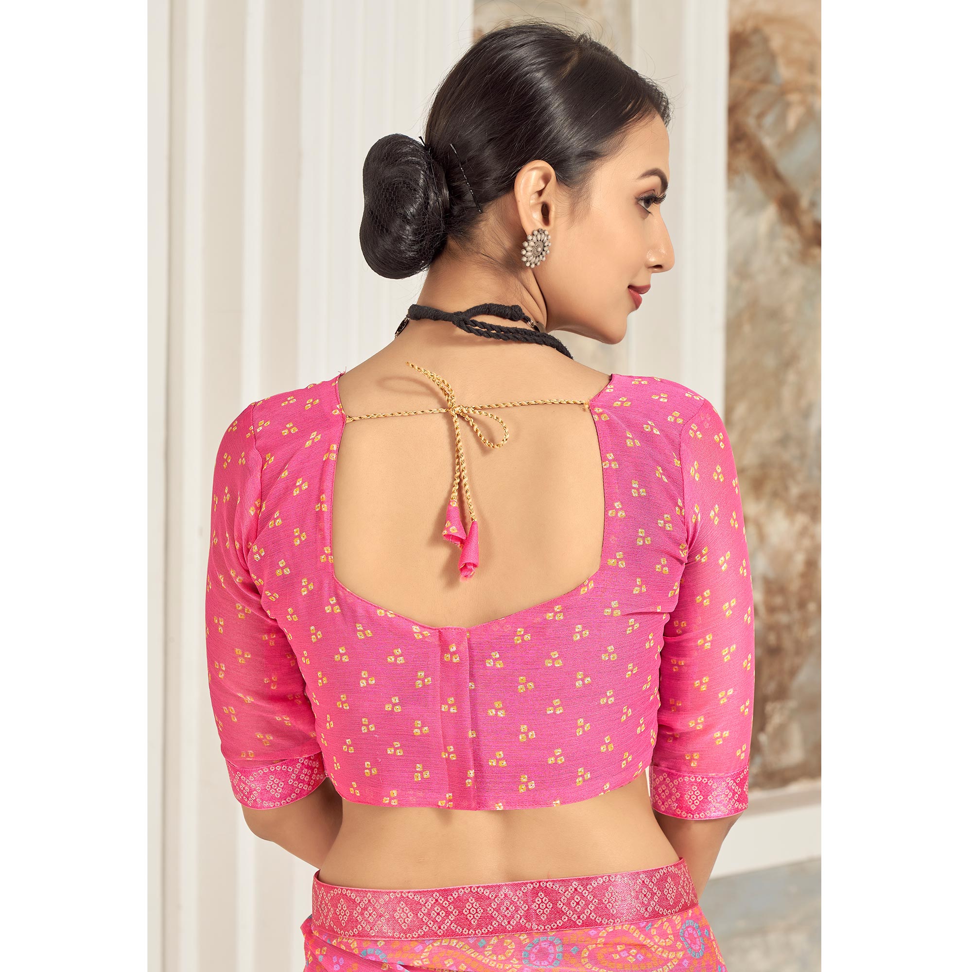 Pink Bandhani Printed Chiffon Saree