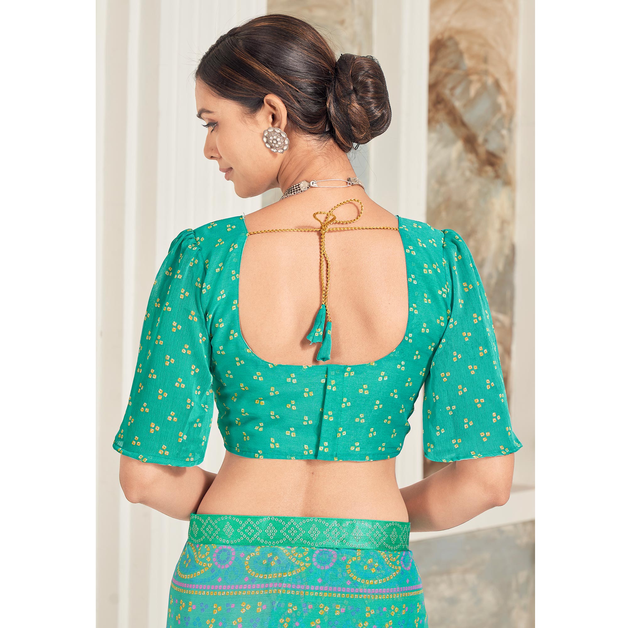 Turquoise Bandhani Printed Chiffon Saree