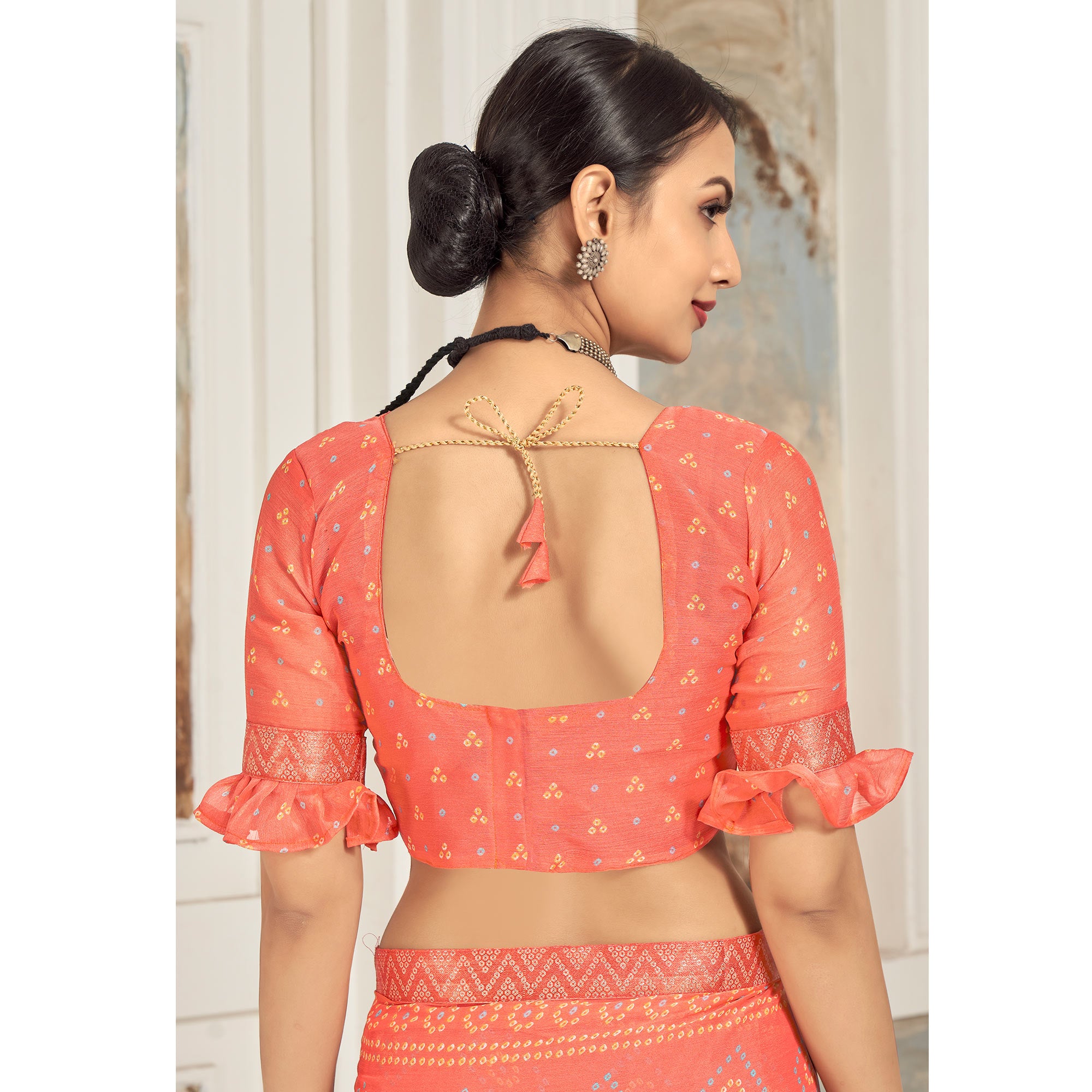 Salmon Pink Bandhani Printed Chiffon Saree