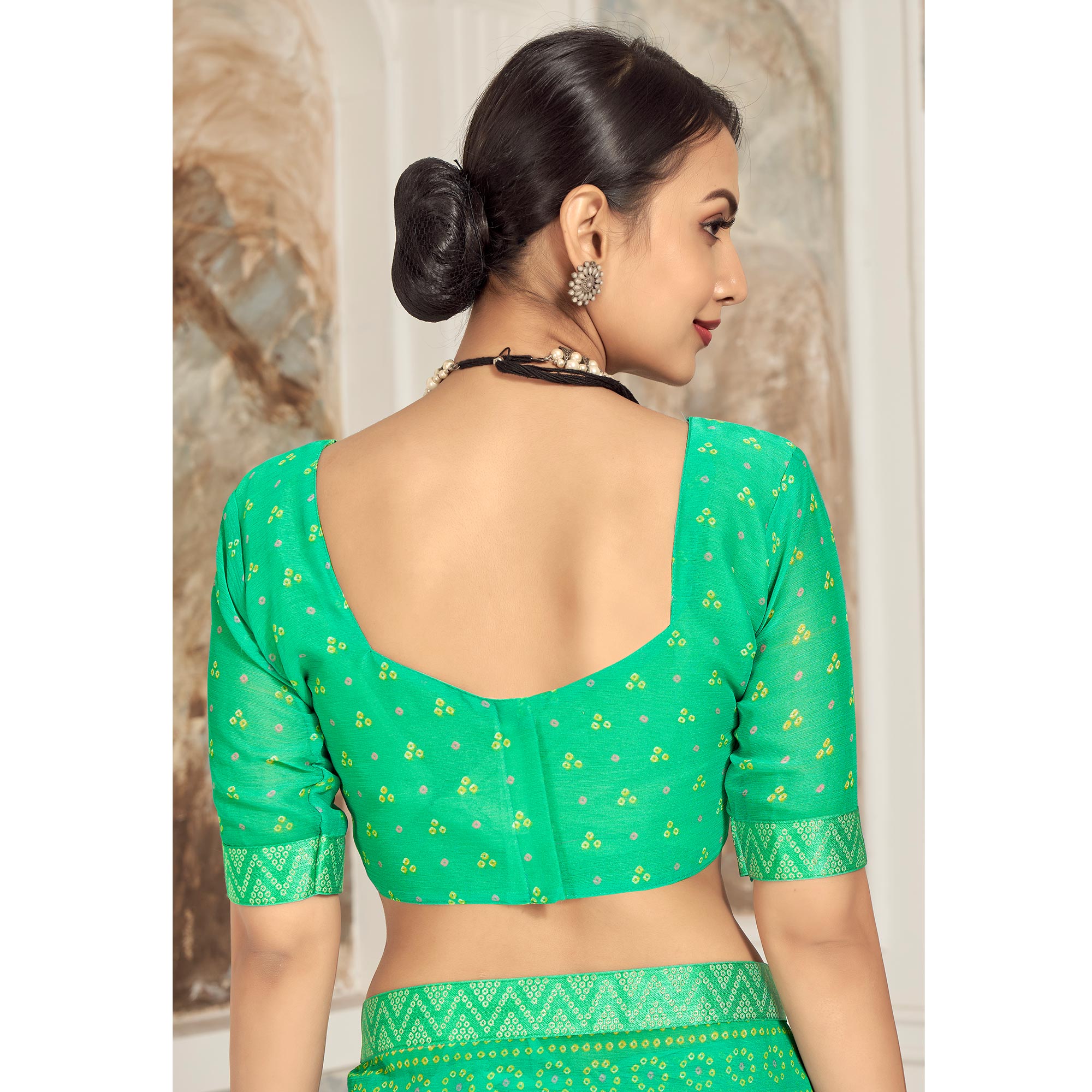 Sea Green Bandhani Printed Chiffon Saree