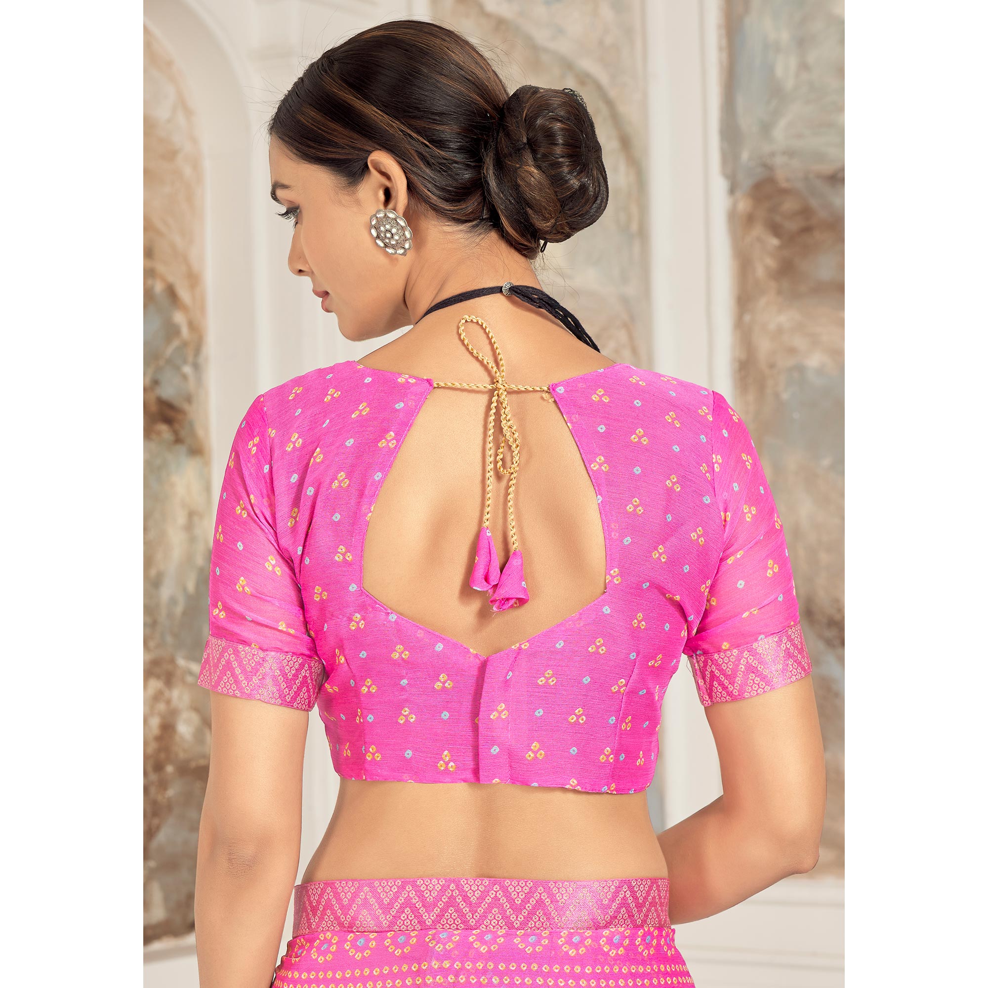 Pink Bandhani Printed Chiffon Saree