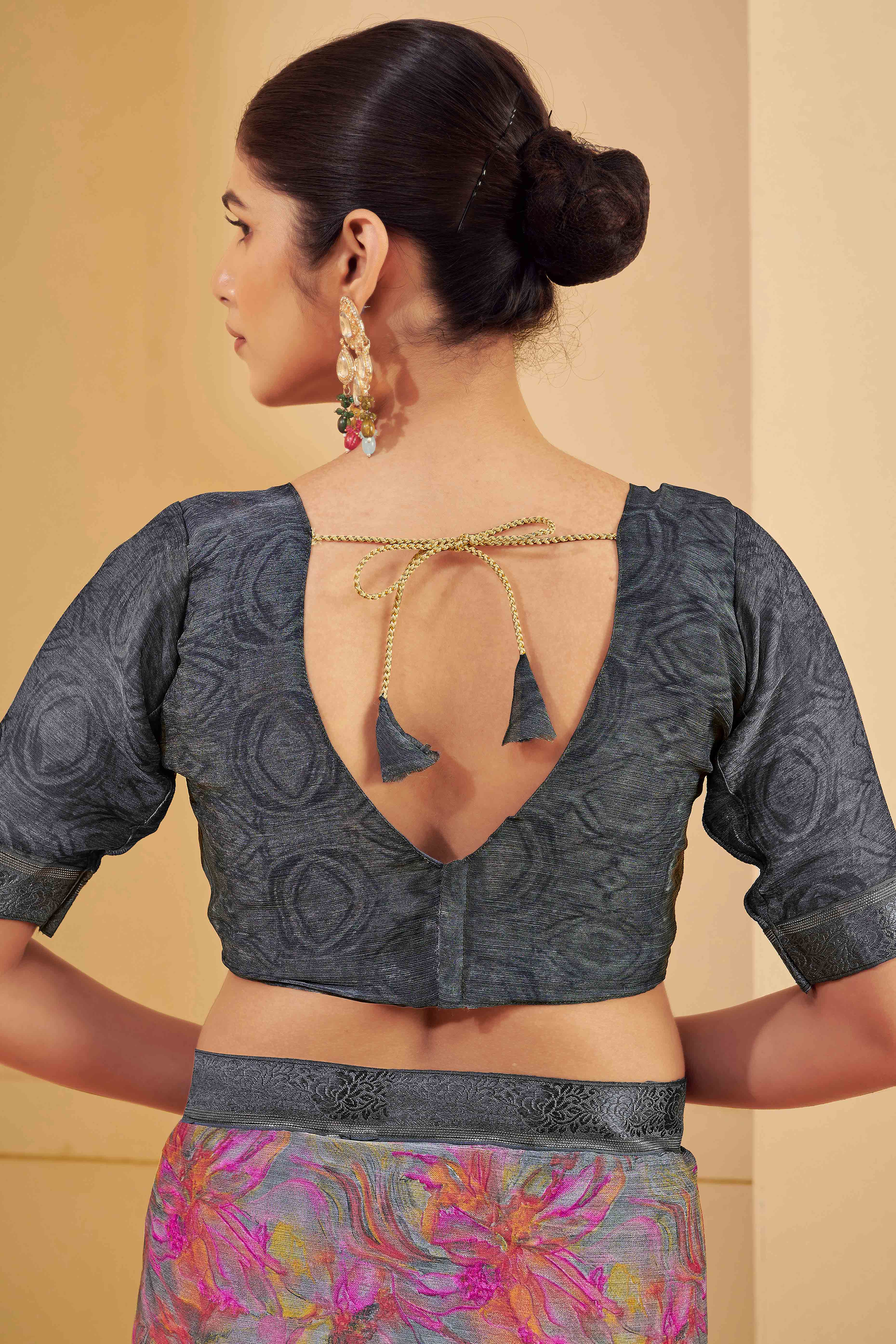Grey Chiffon Saree Adorned With Artistic Floral Print & Finely Crafted Woven Lace Border