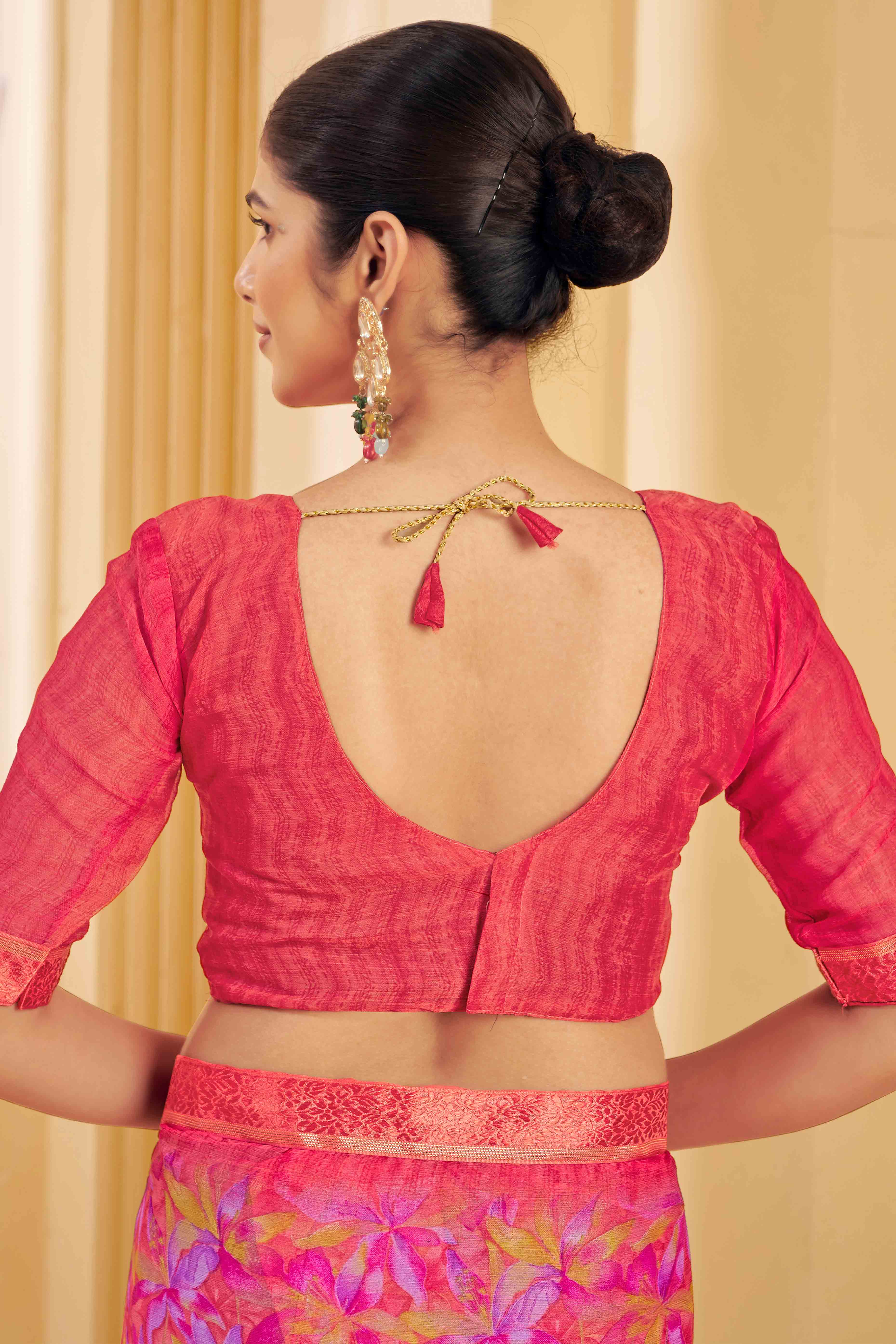 Fuchsia Pink Chiffon Saree Adorned With Artistic Floral Print & Finely Crafted Woven Lace Border