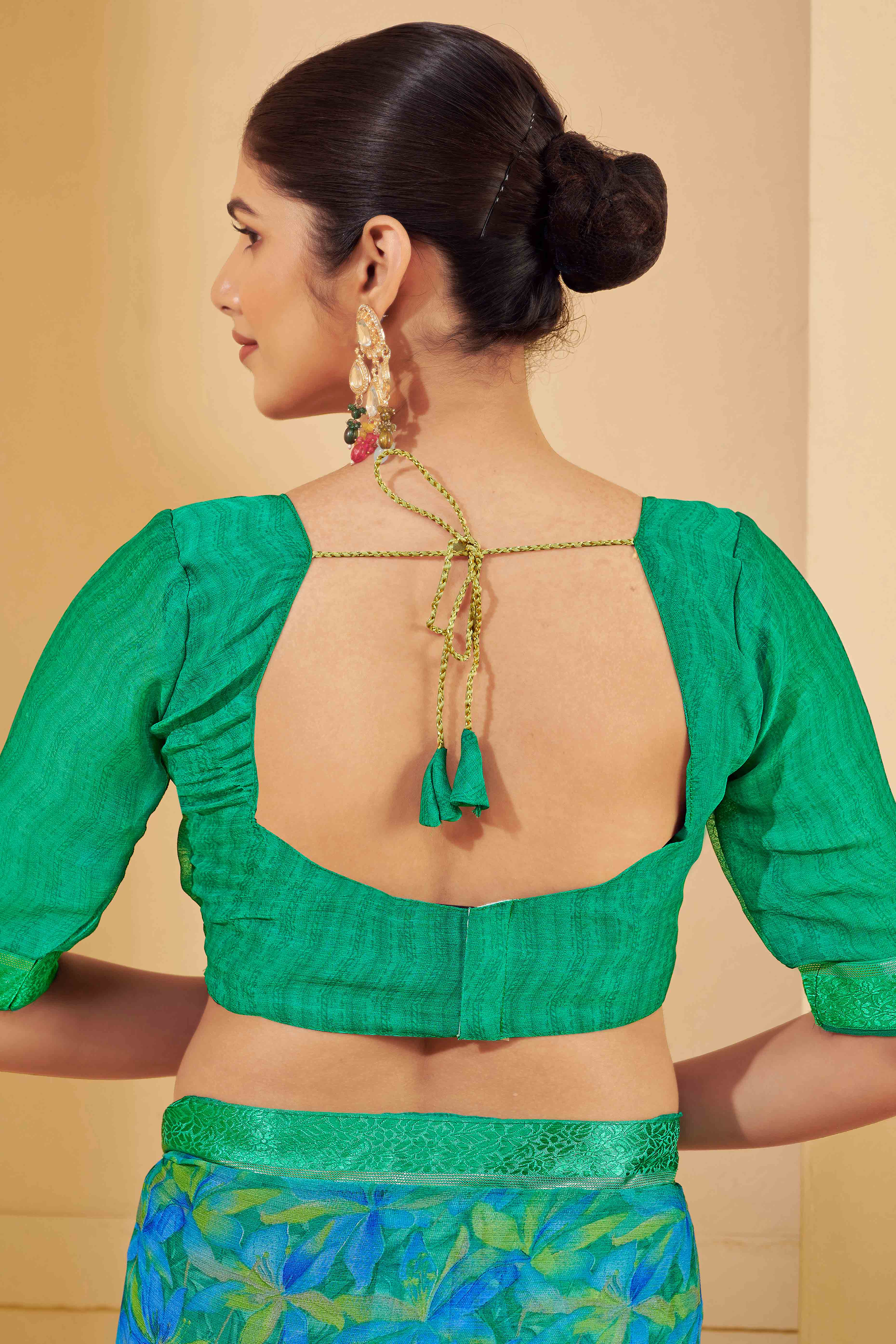 Green & Blue Chiffon Saree Adorned With Artistic Floral Print & Finely Crafted Woven Lace Border