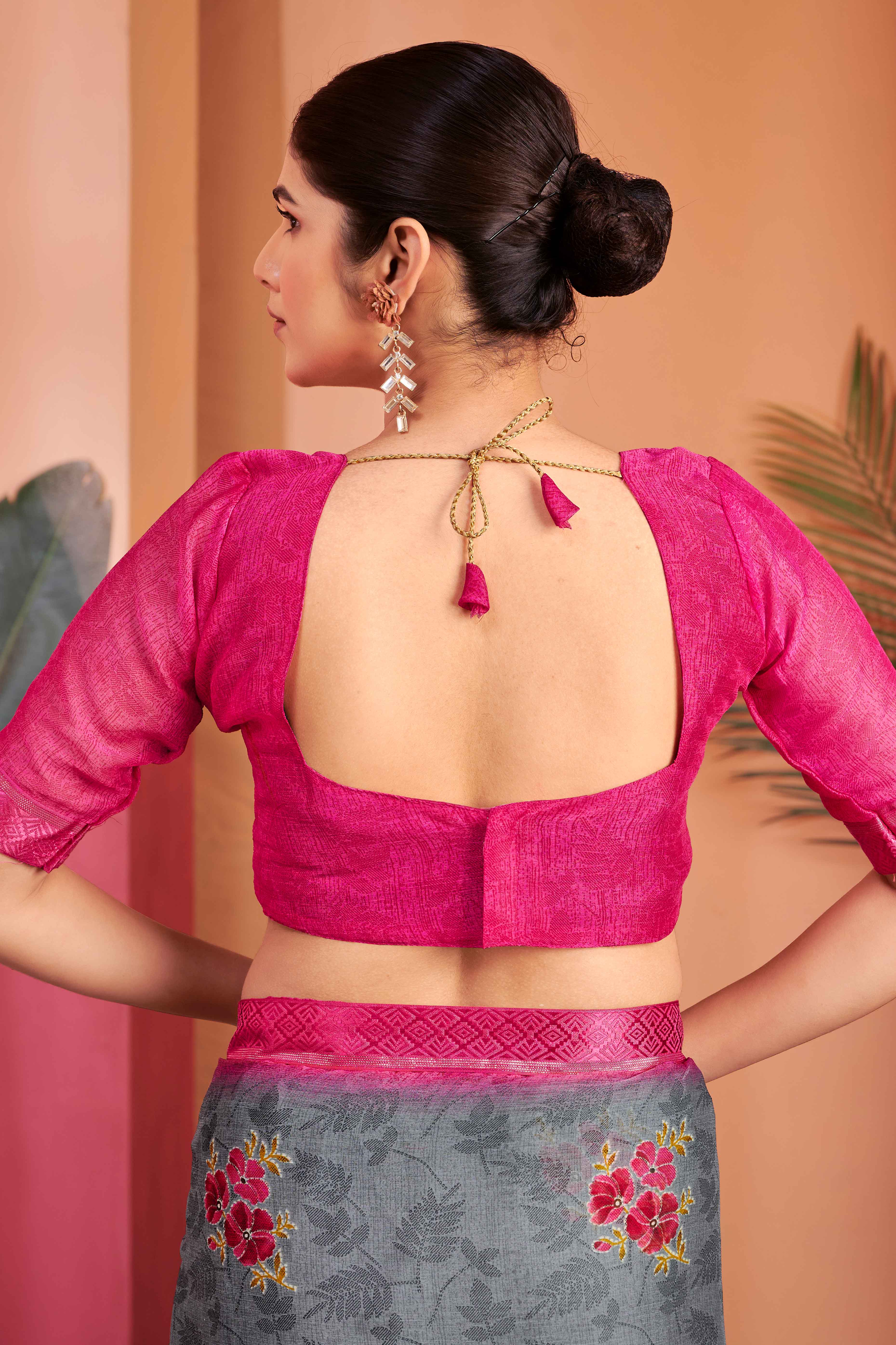 Grey Chiffon Saree Featuring Delicate Floral Prints & A Graceful Lace Border