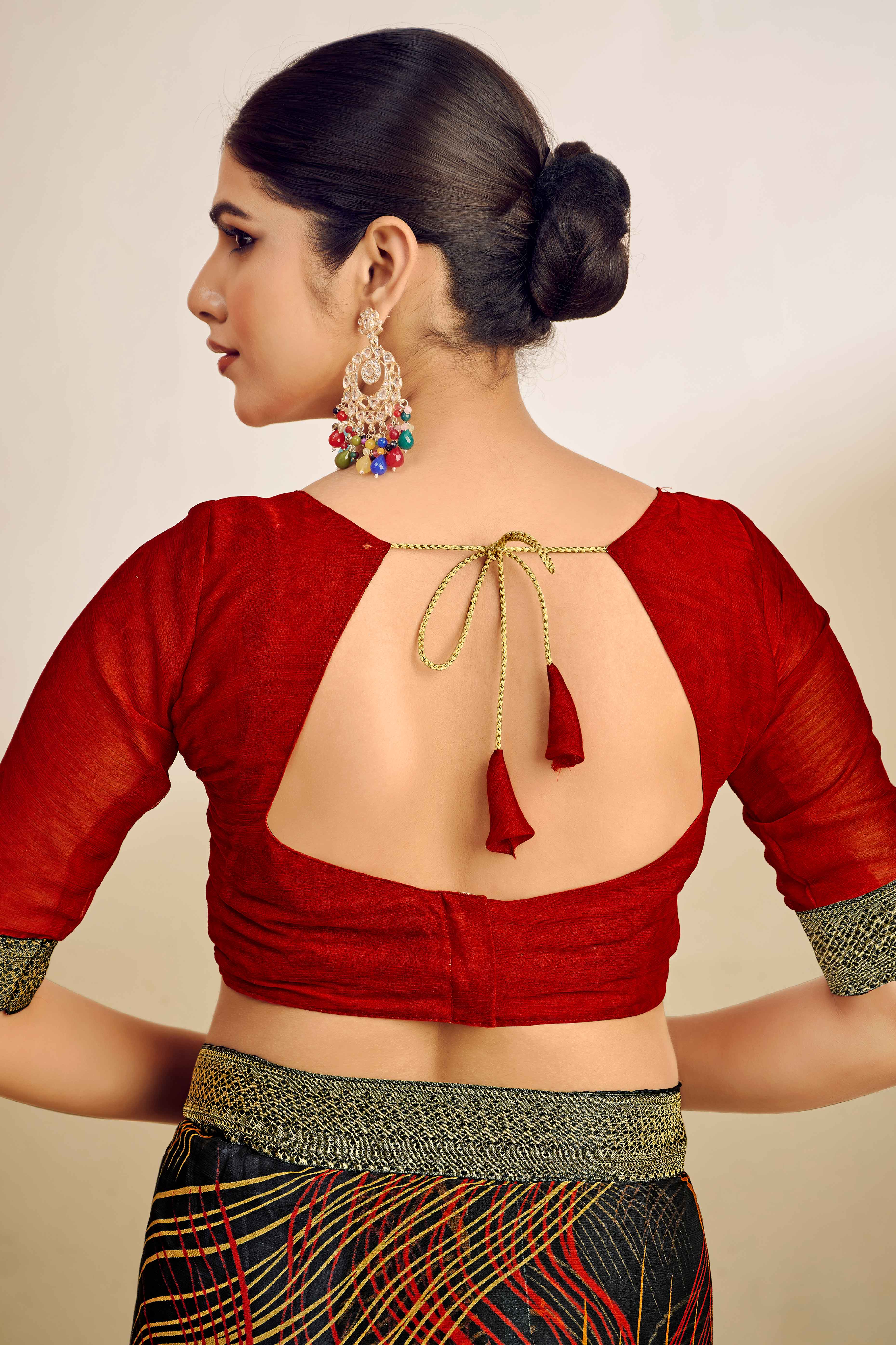 Black Chiffon Saree Adorned With Artistic Print & Finely Crafted Woven Lace Border