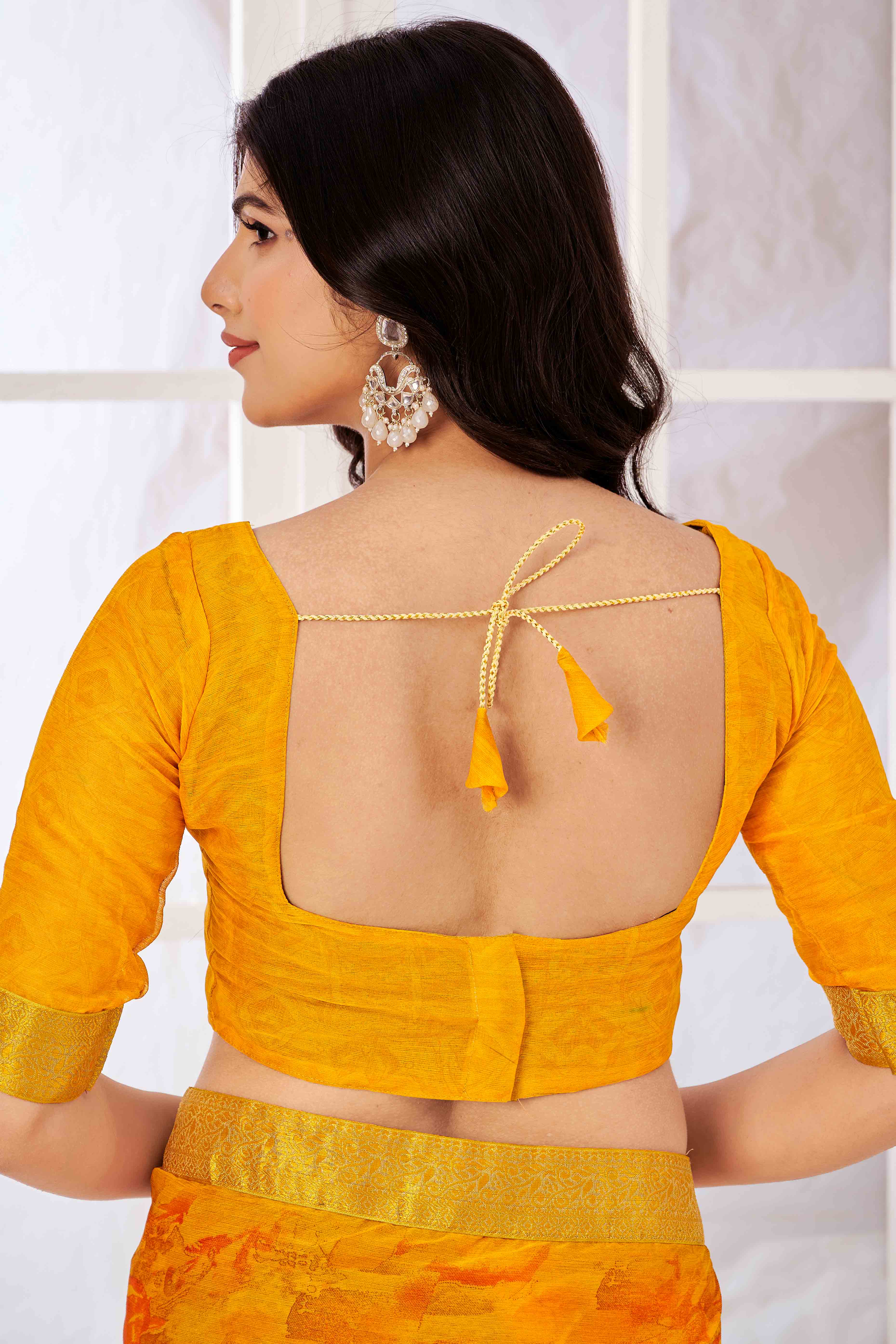 Mustard Chiffon Saree with Tie-Dye Abstract Print & Lace Work With Lace Work