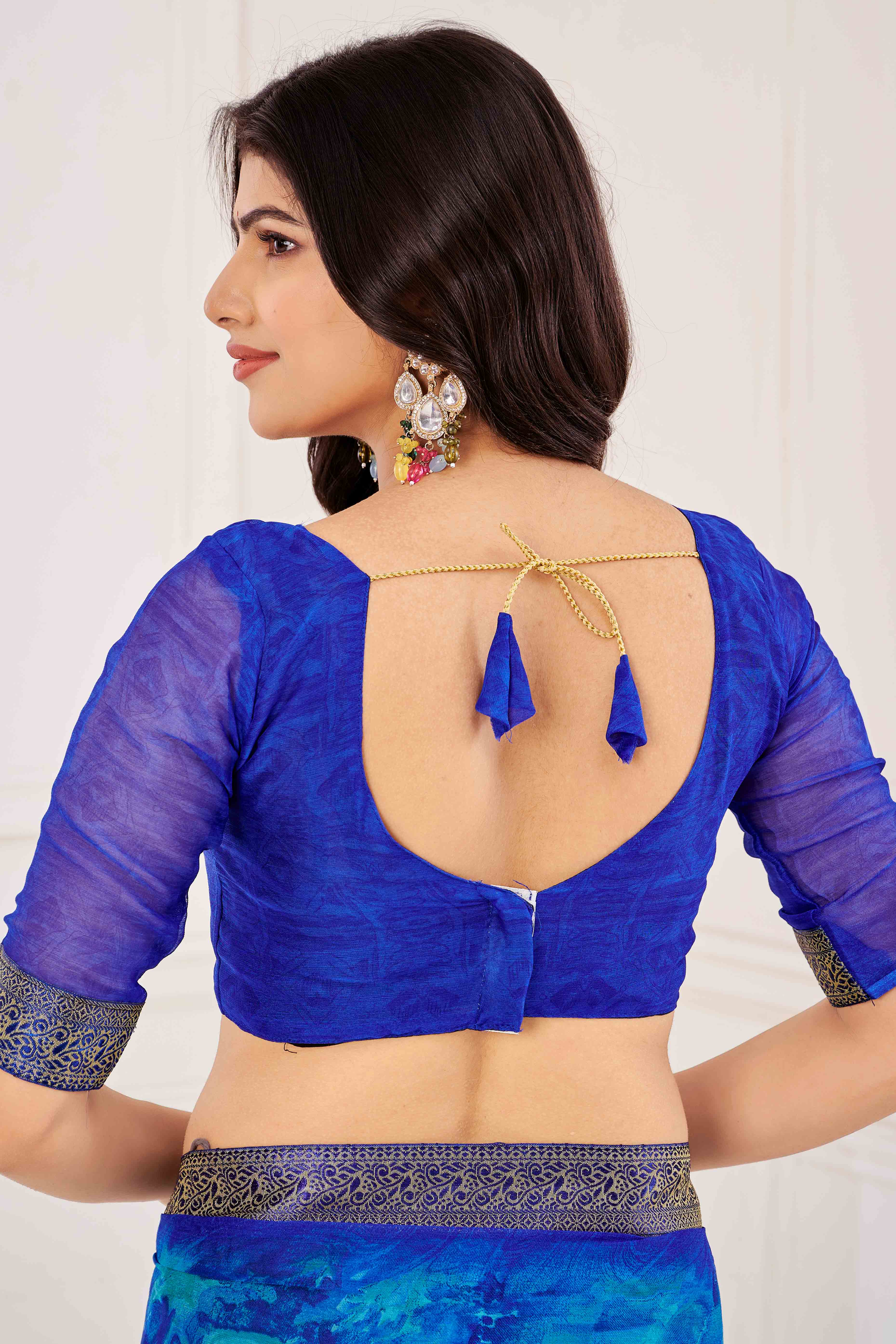 Blue Chiffon Saree with Tie-Dye Abstract Print & Lace Work With Lace Work