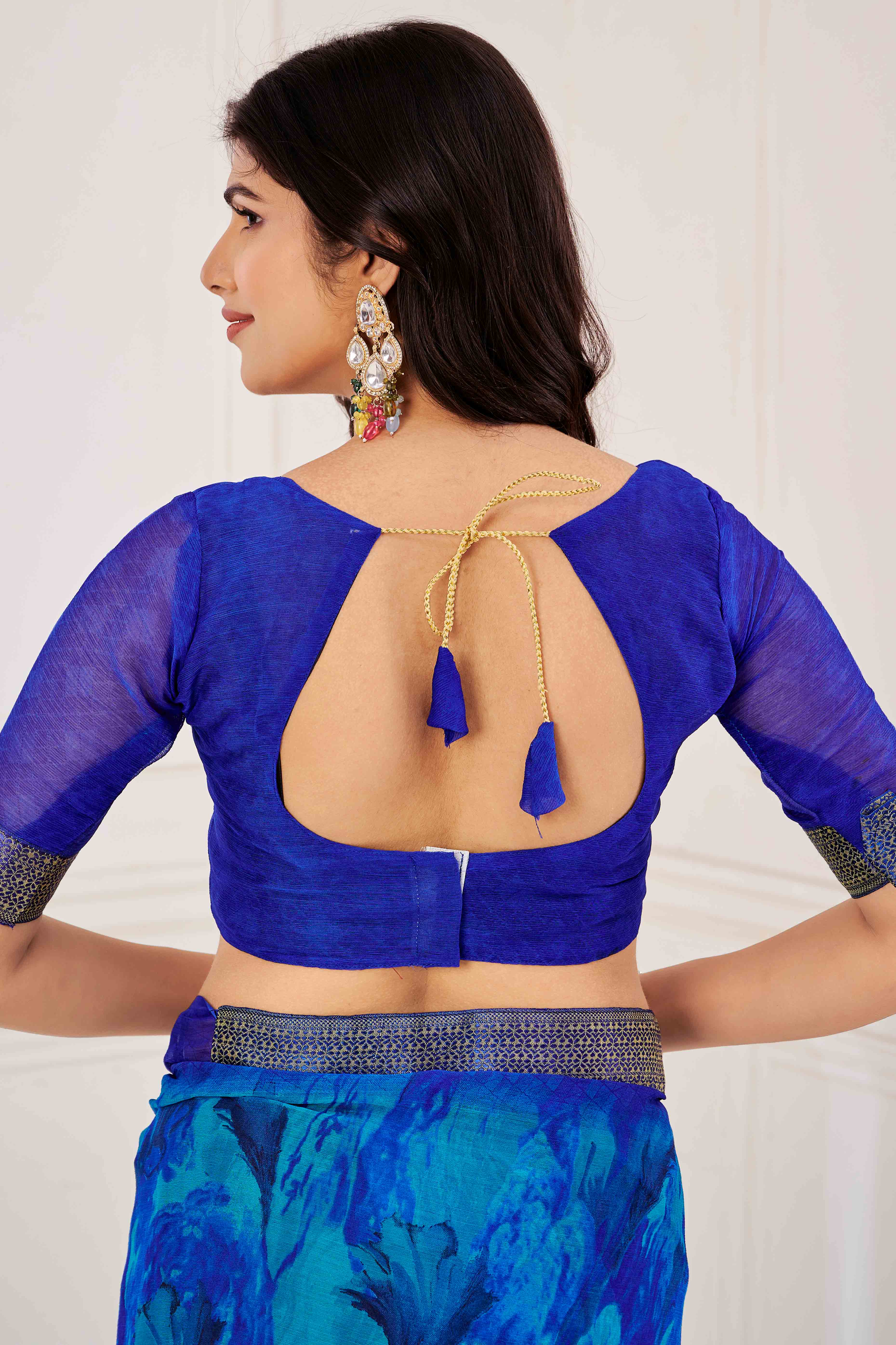 Blue Chiffon Saree with Tie-Dye Abstract Print & Lace Work With Lace Work